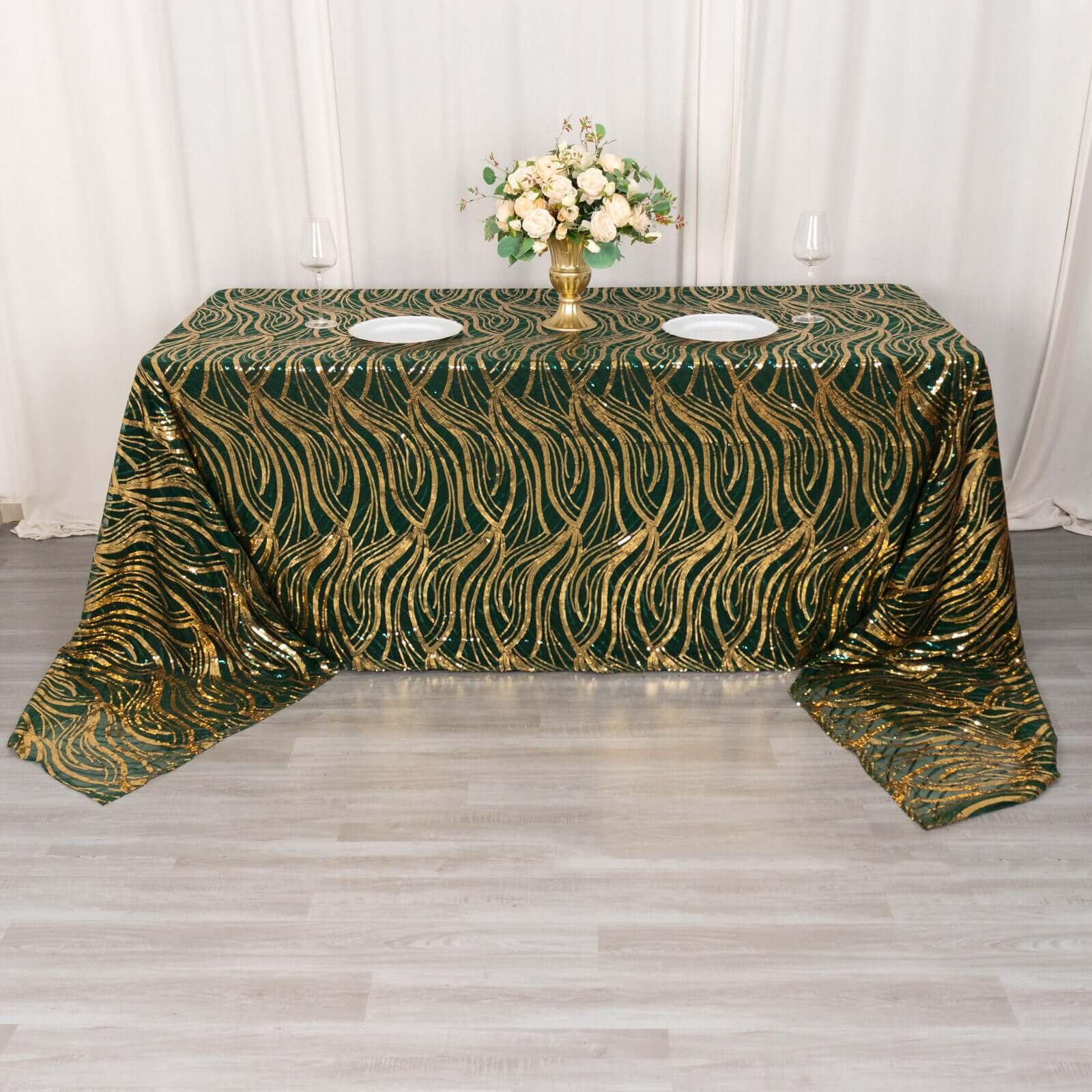 Sparkling Wave Sequin Embroidered Mesh Rectangle Tablecloth - Hunter Emerald Green/Gold