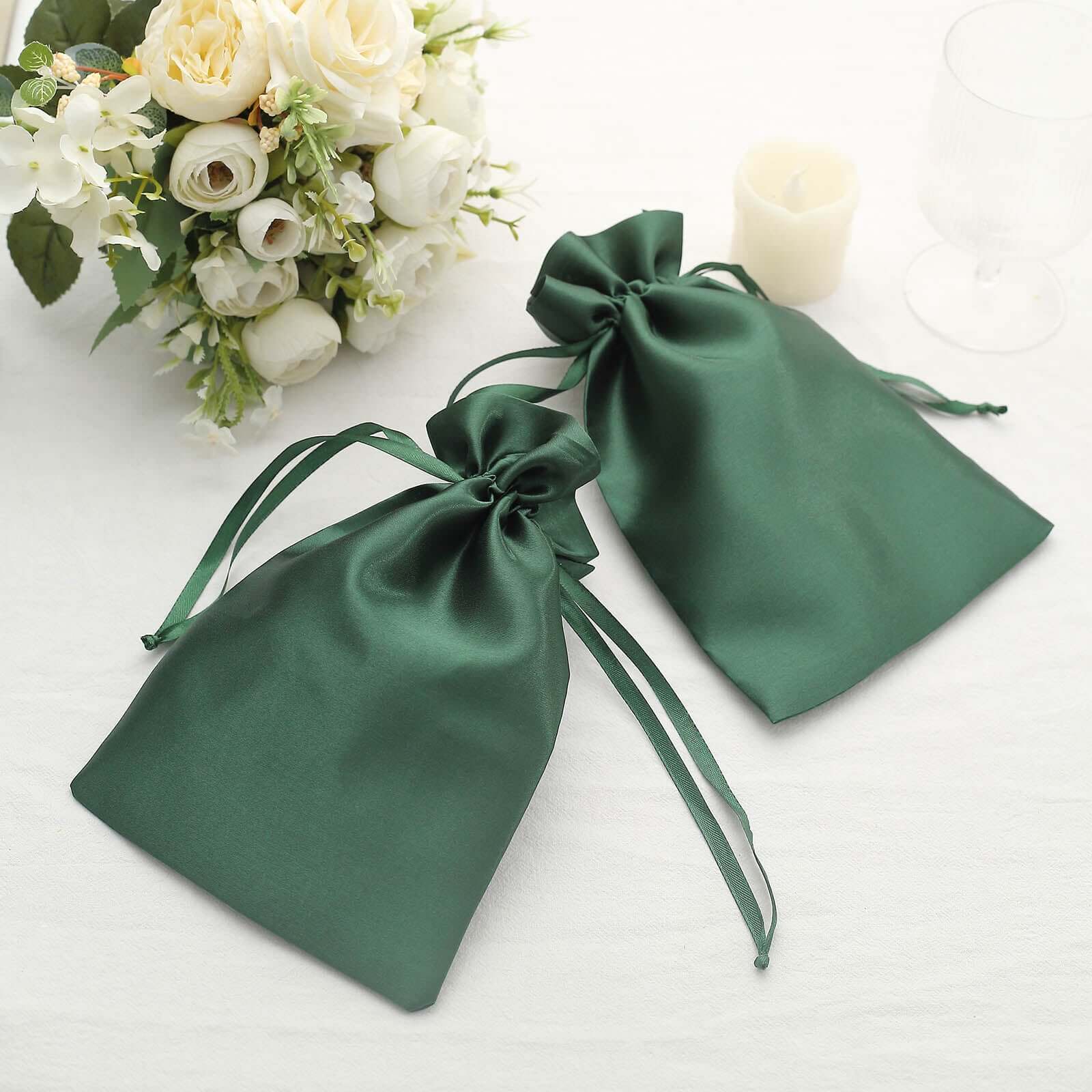 12-Piece Set of 6x9 Hunter Emerald Green Satin Drawstring Wedding Favor Gift Bags