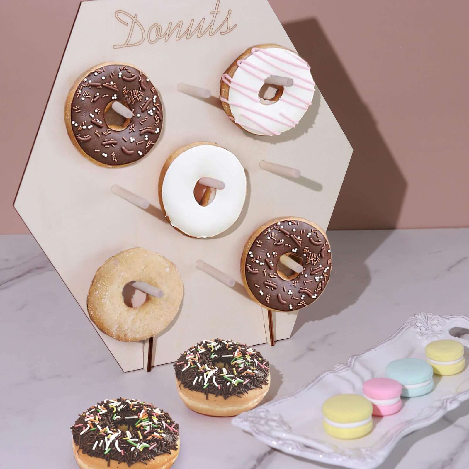 Rustic Detachable Wooden Hexagon Donut Wall Stand for Space-Saving Dessert Display