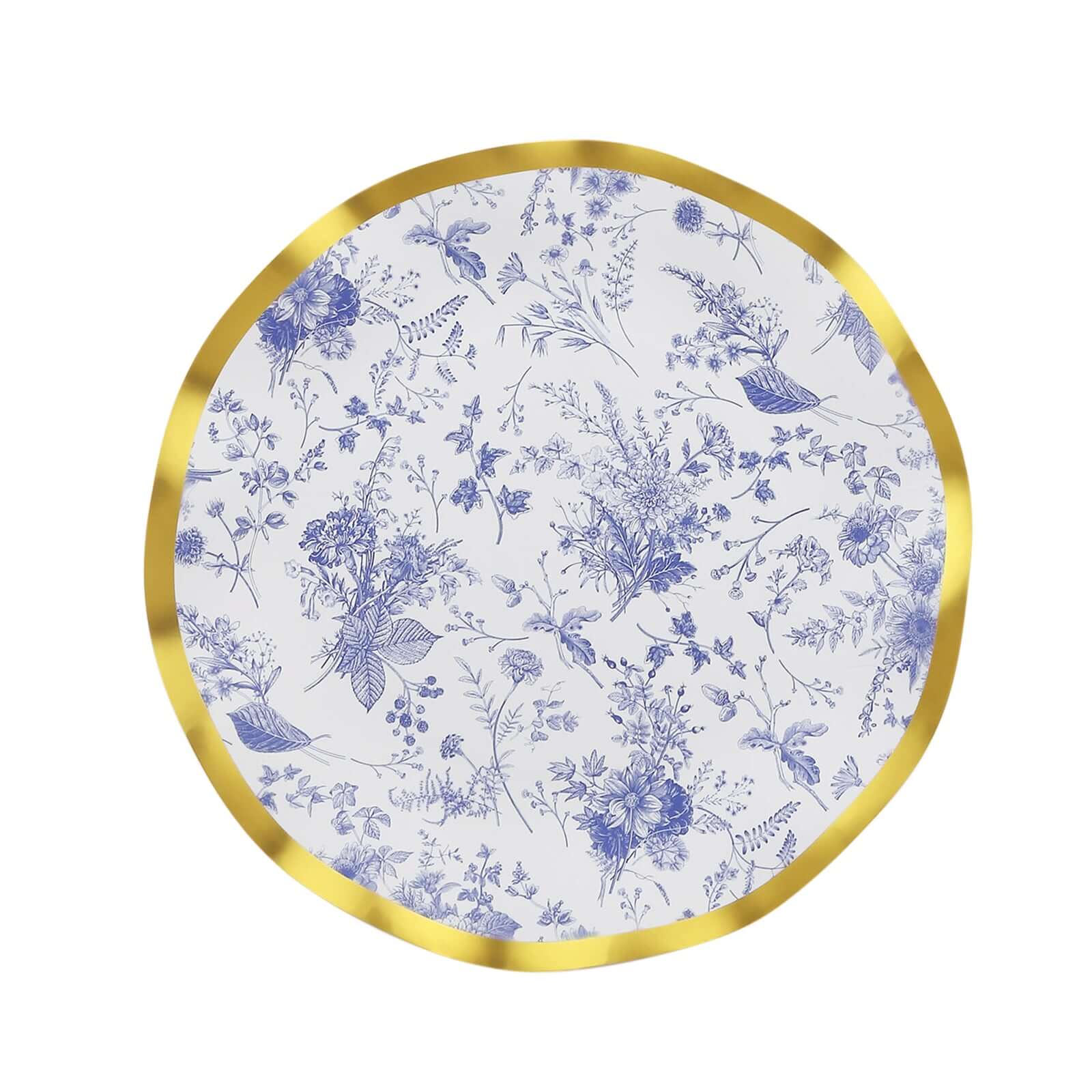 Get 25-Piece Set of Disposable 10-Inch White Paper Dinner Plates with Blue French Toile & Gold Wavy Rim