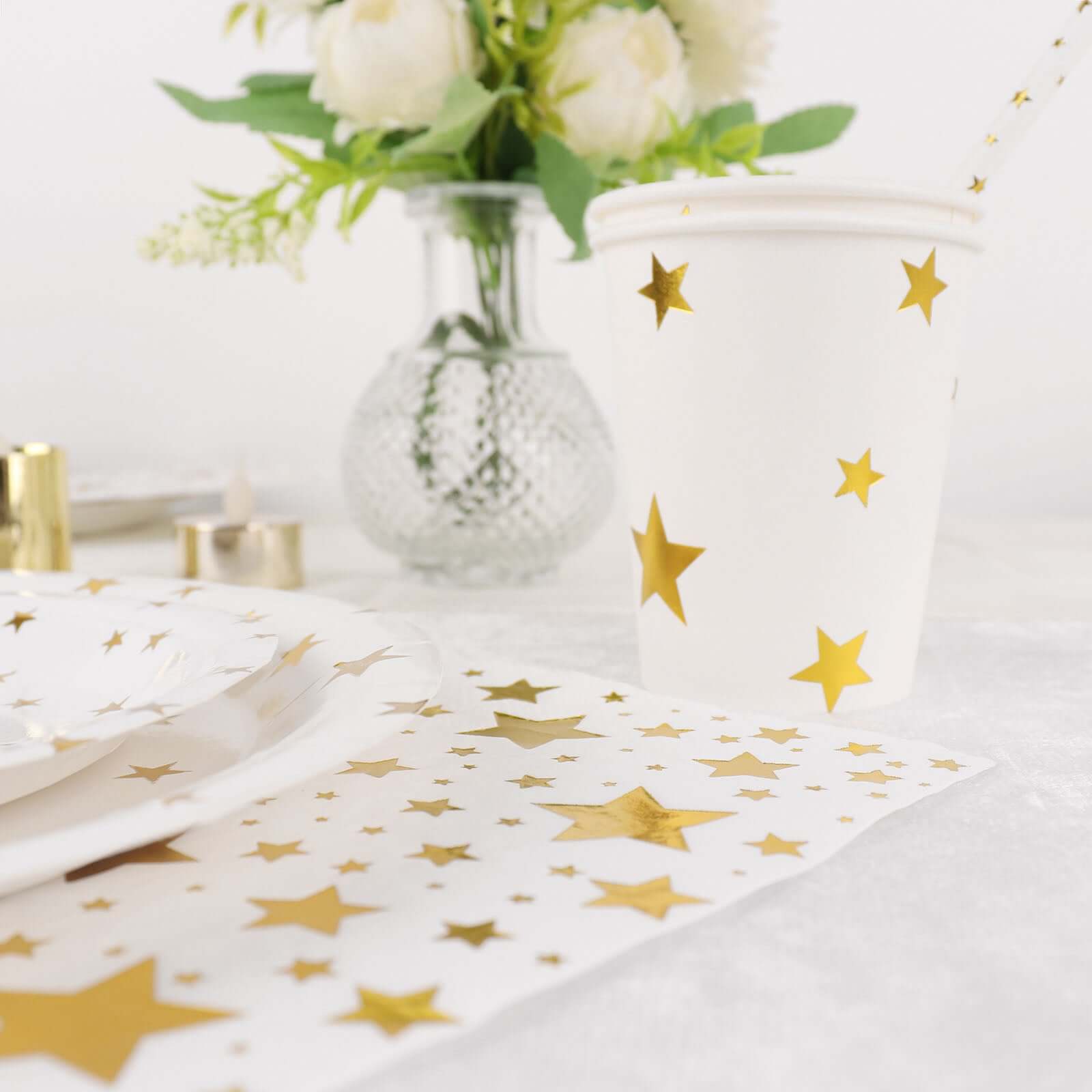 Hot Sale! 120-Piece Disposable Paper Dinnerware Set with White and Gold Star Design