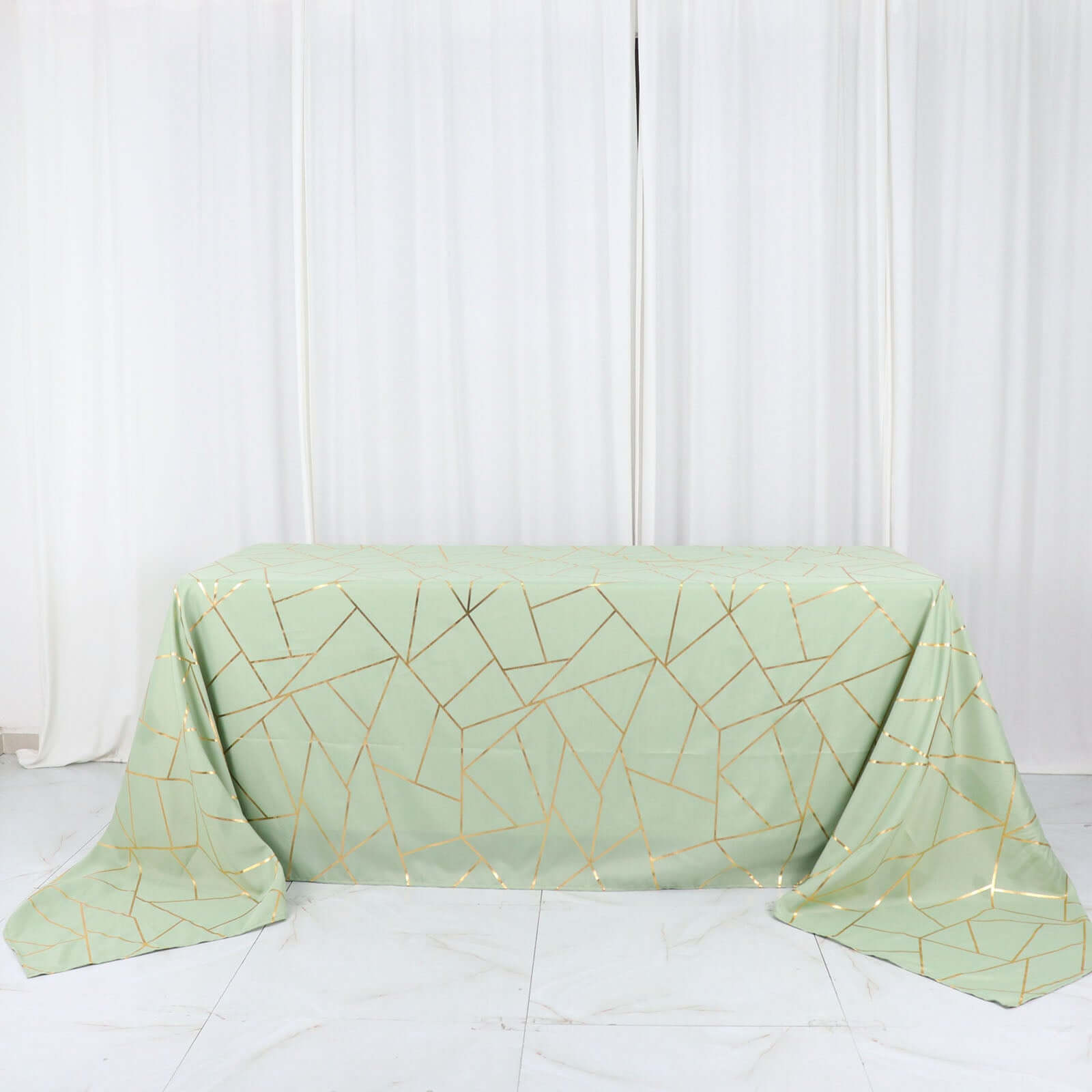 Hot Sale! Wrinkle-Resistant Polyester Rectangle Tablecloth in Sage Green with Gold Foil Geometric Pattern for Elegant Events