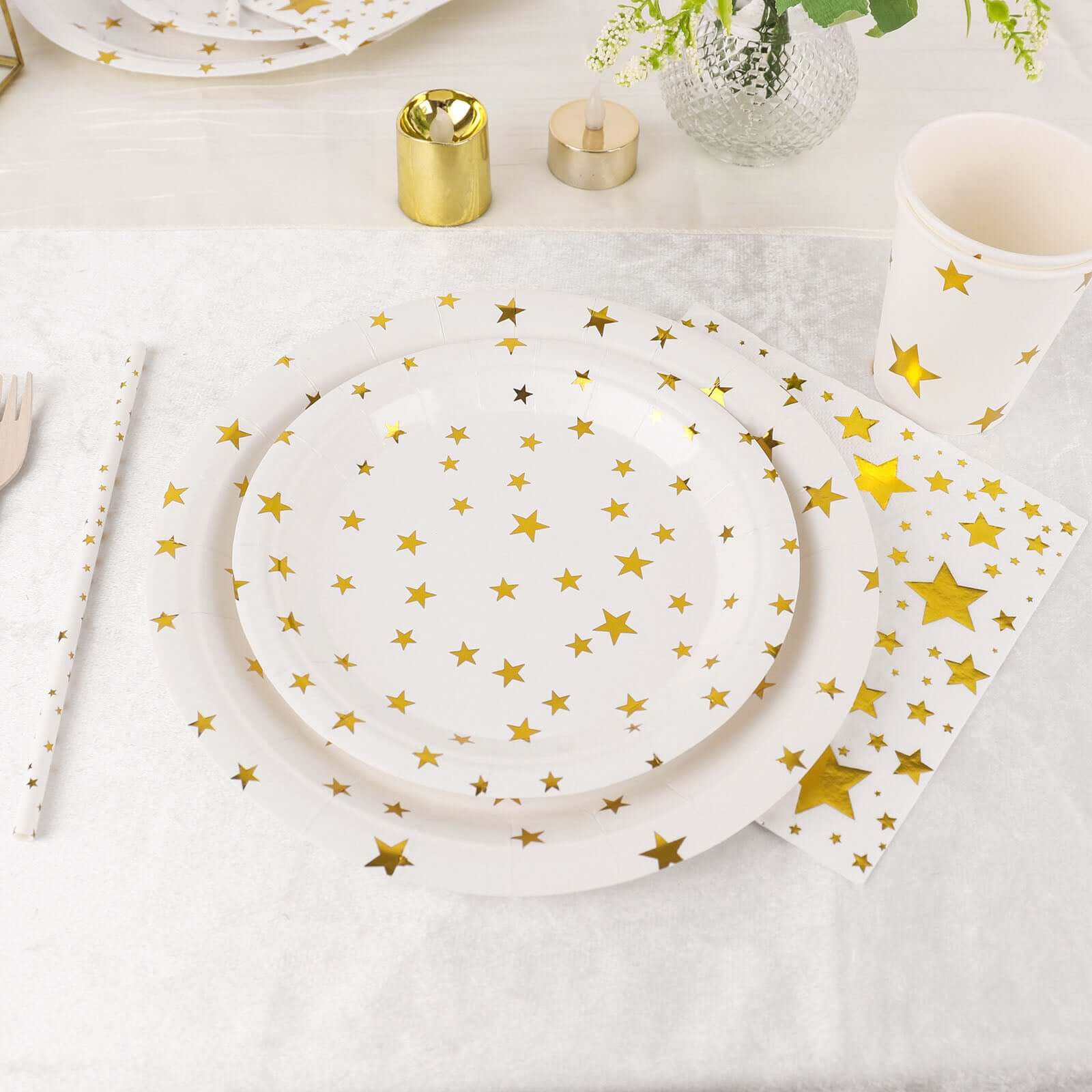 Hot Sale! 120-Piece Disposable Paper Dinnerware Set with White and Gold Star Design