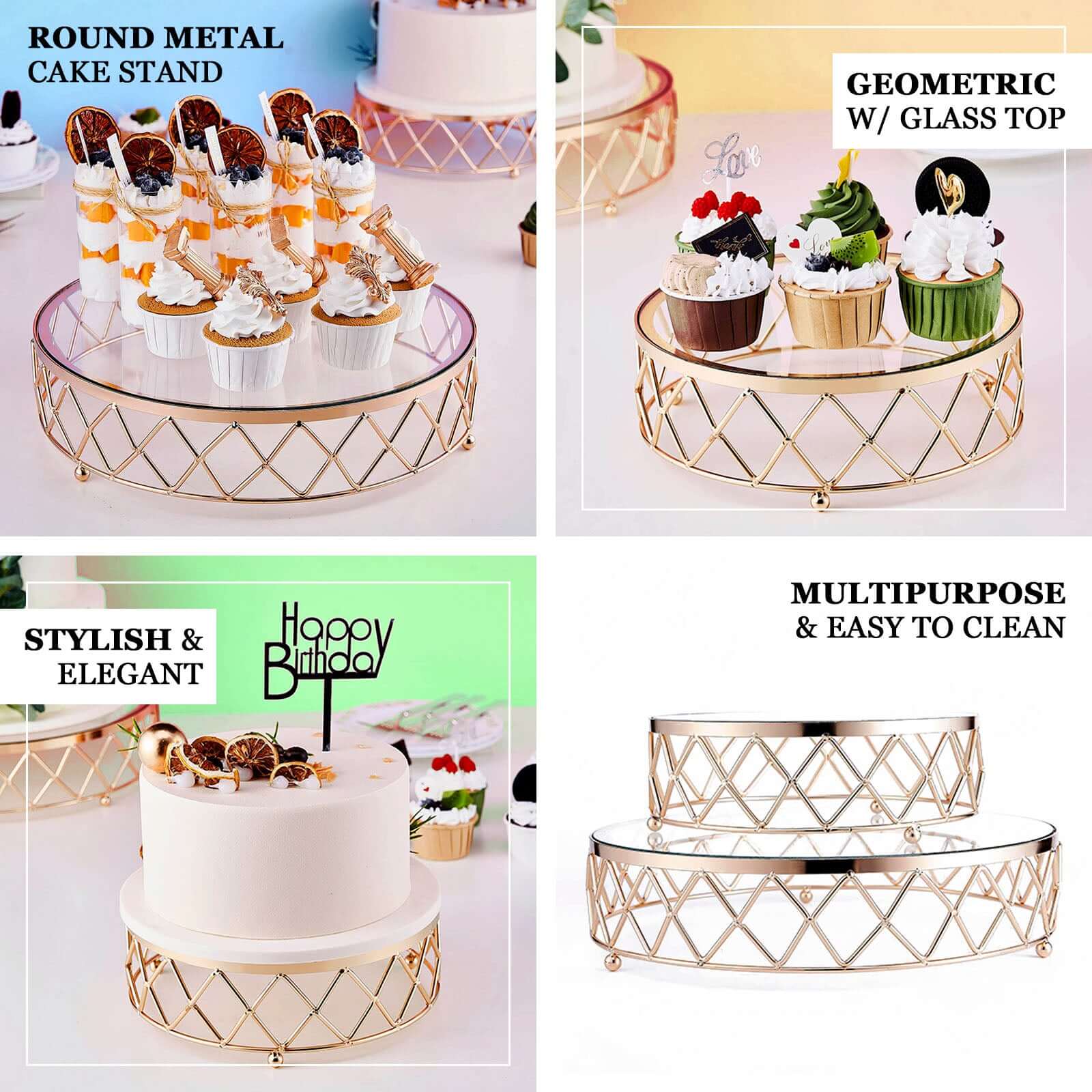 14-Inch Gold Metal Cake Stand with Geometric Diamond Cut Design and Glass Top for Dessert Display