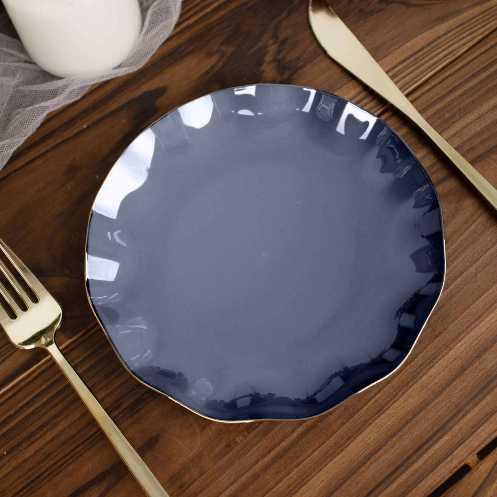 Great Deal! 10-Pack Navy Blue Plastic Round Dessert Plates with Ruffled Rim and Gold Edging