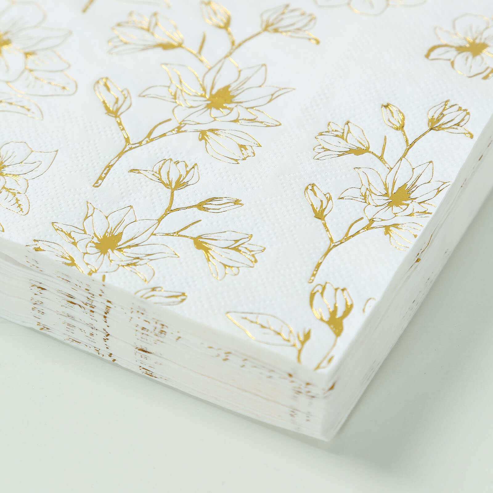 50-Pack 2-Ply Absorbent Soft White Paper Cocktail Napkins with Gold Magnolia Prints