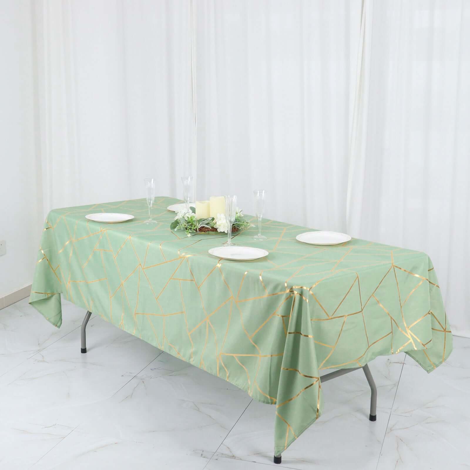 Hot Sale! Wrinkle-Resistant & Durable Polyester Rectangle Tablecloth in Sage Green with Gold Foil Geometric Design (60x102)