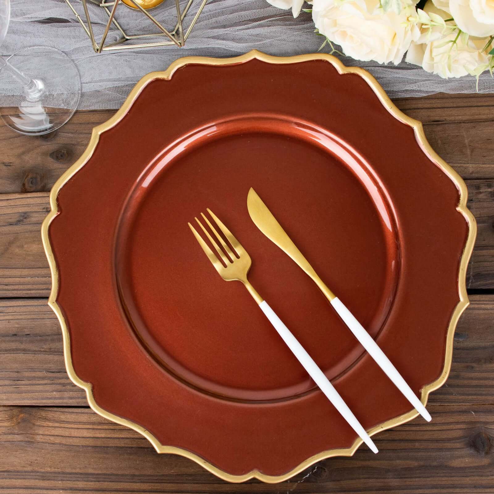 Hot Sale! 6-Piece Set of 13-Inch Terracotta (Rust) Acrylic Charger Plates with Gold Scalloped Rim for Dinner Parties