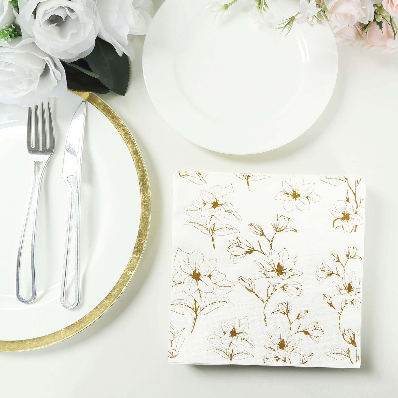 50-Pack 2-Ply Absorbent Soft White Paper Cocktail Napkins with Gold Magnolia Prints