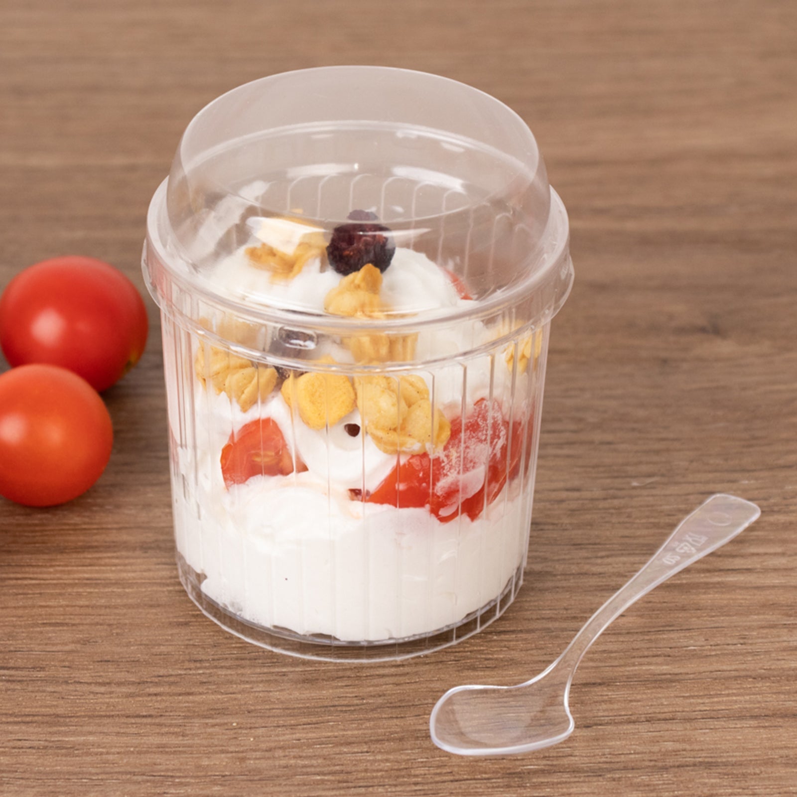 24-Pack 5oz Clear Ribbed Plastic Fruit Dessert Cups with Lid and Spoon - Ideal for Parfaits