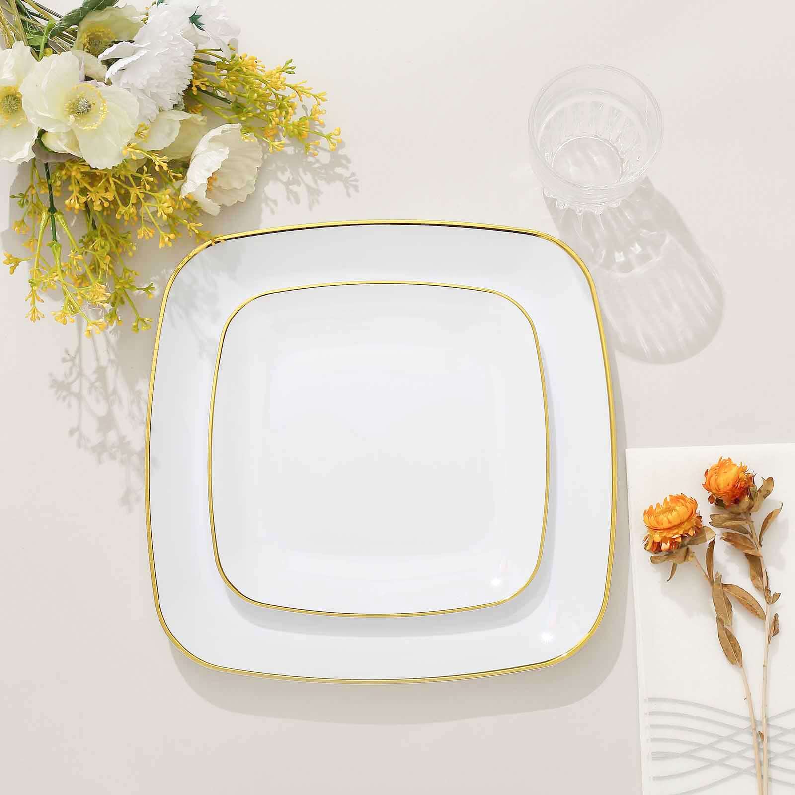10-Pack White Plastic Dinner Plates with Gold Rim - Disposable for Weddings and Special Events