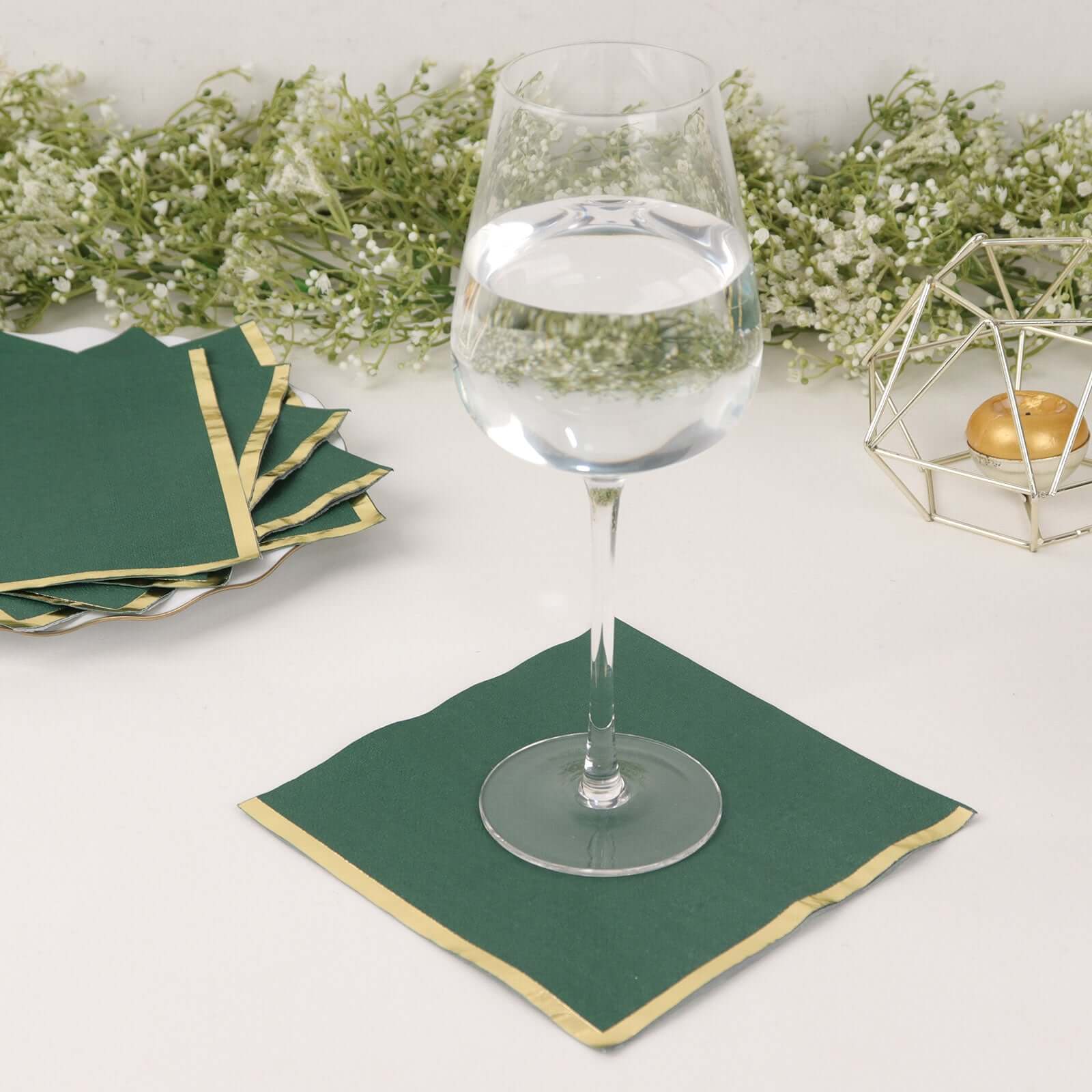 50-Piece Disposable 2-Ply Hunter Emerald Green Paper Cocktail Napkins with Gold Foil Edge, 6.5x6.5