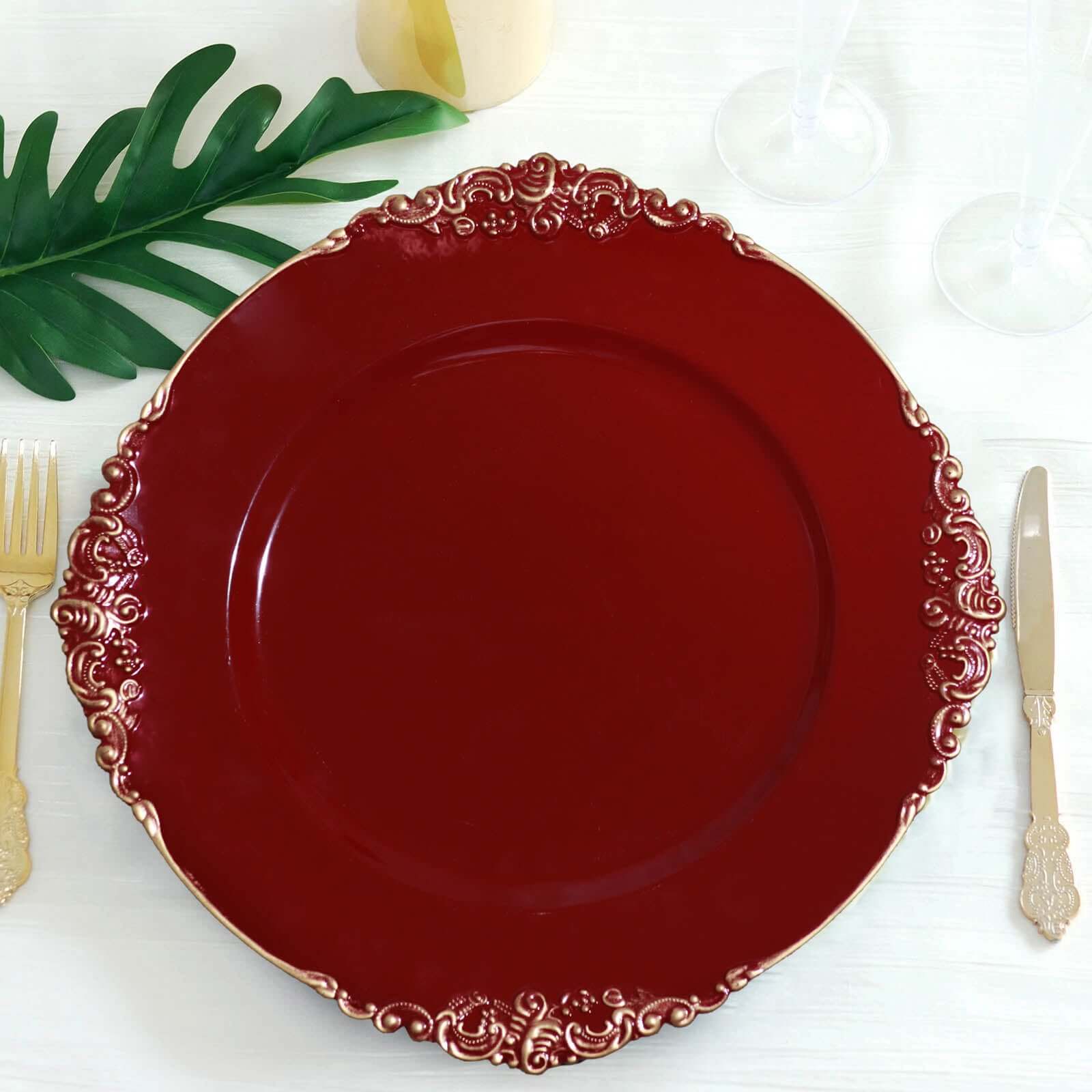 6-Piece Set of 13-Inch Burgundy Acrylic Round Charger Plates with Gold Embossed Baroque Rim for Decorative Dinners