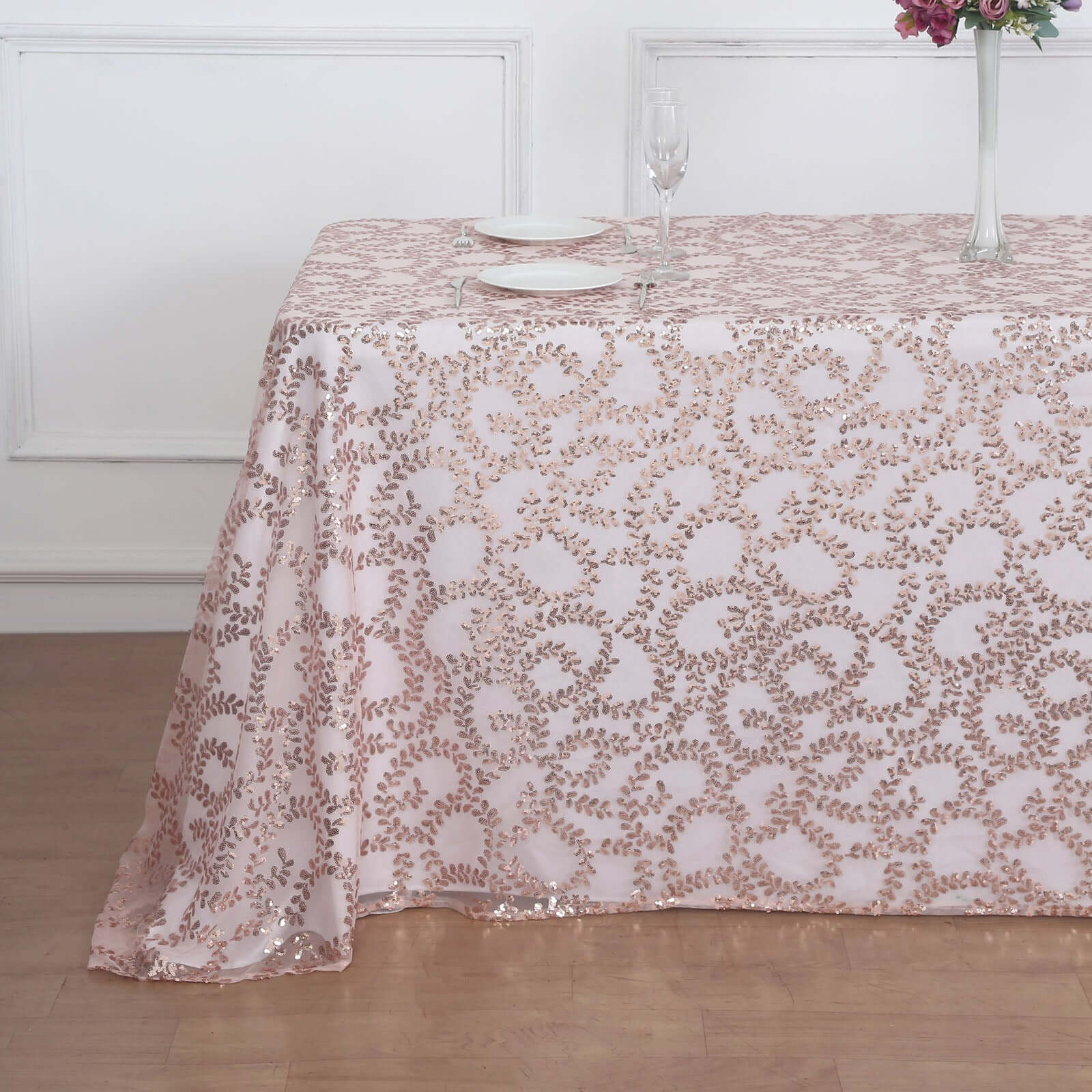 Sparkling Rose Gold Sequin Leaf Embroidered Tulle Rectangle Tablecloth 90x156 for Events