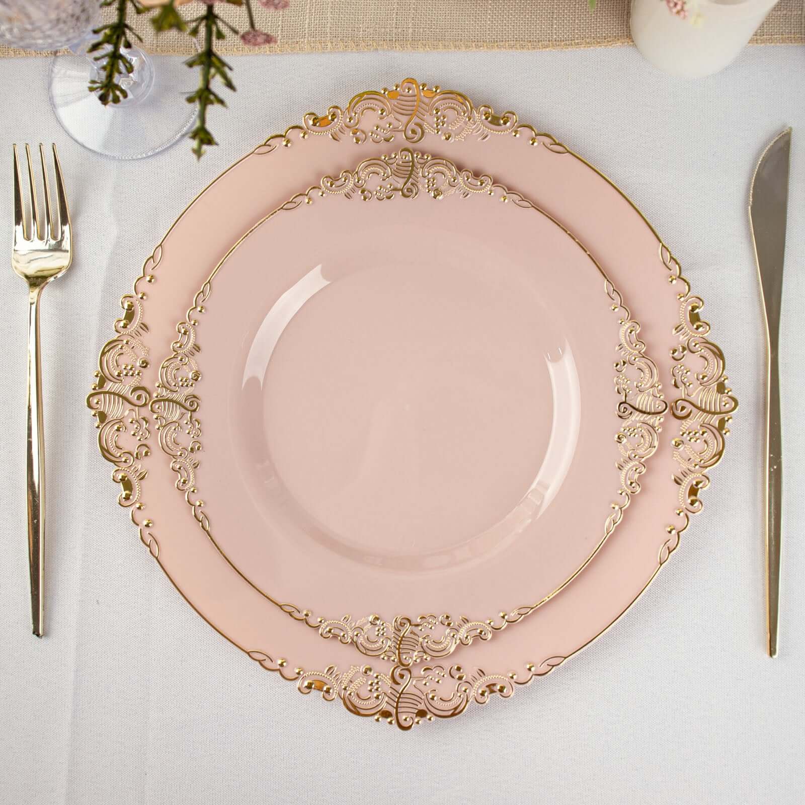 10-Pack Disposable Vintage Blush Plastic Round Dessert Plates with Gold Leaf Embossed Rim - Ideal for Events