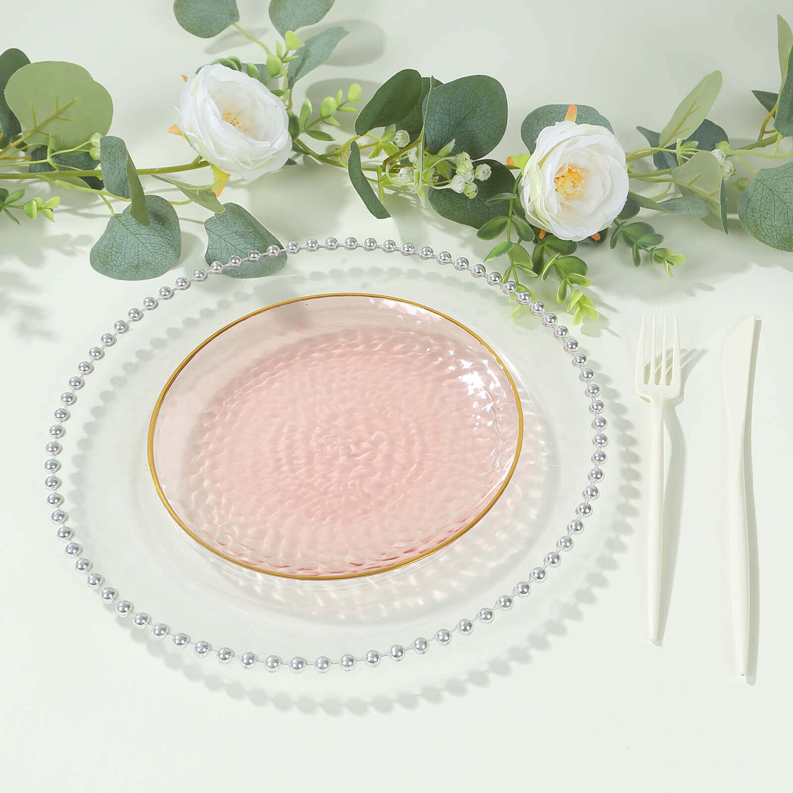 10-Pack Transparent Blush Hammered Plastic Round Dessert Plates with Gold Rim - Disposable & Modern