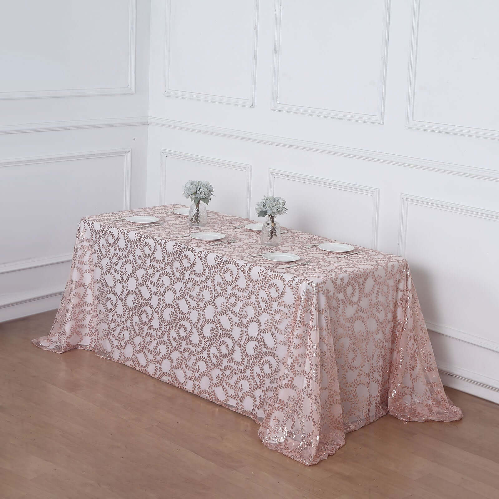 Sparkling Rose Gold Sequin Leaf Embroidered Tulle Rectangle Tablecloth 90x156 for Events