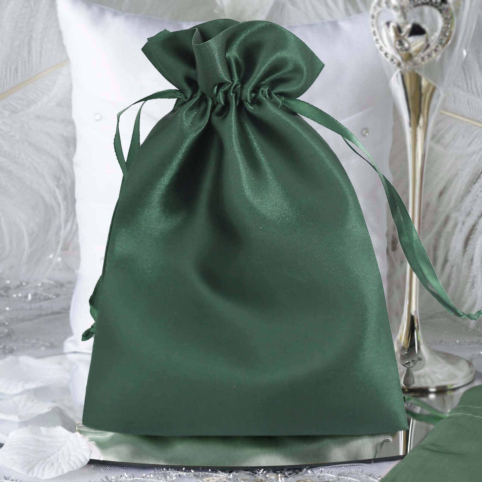 12-Piece Set of 6x9 Hunter Emerald Green Satin Drawstring Wedding Favor Gift Bags