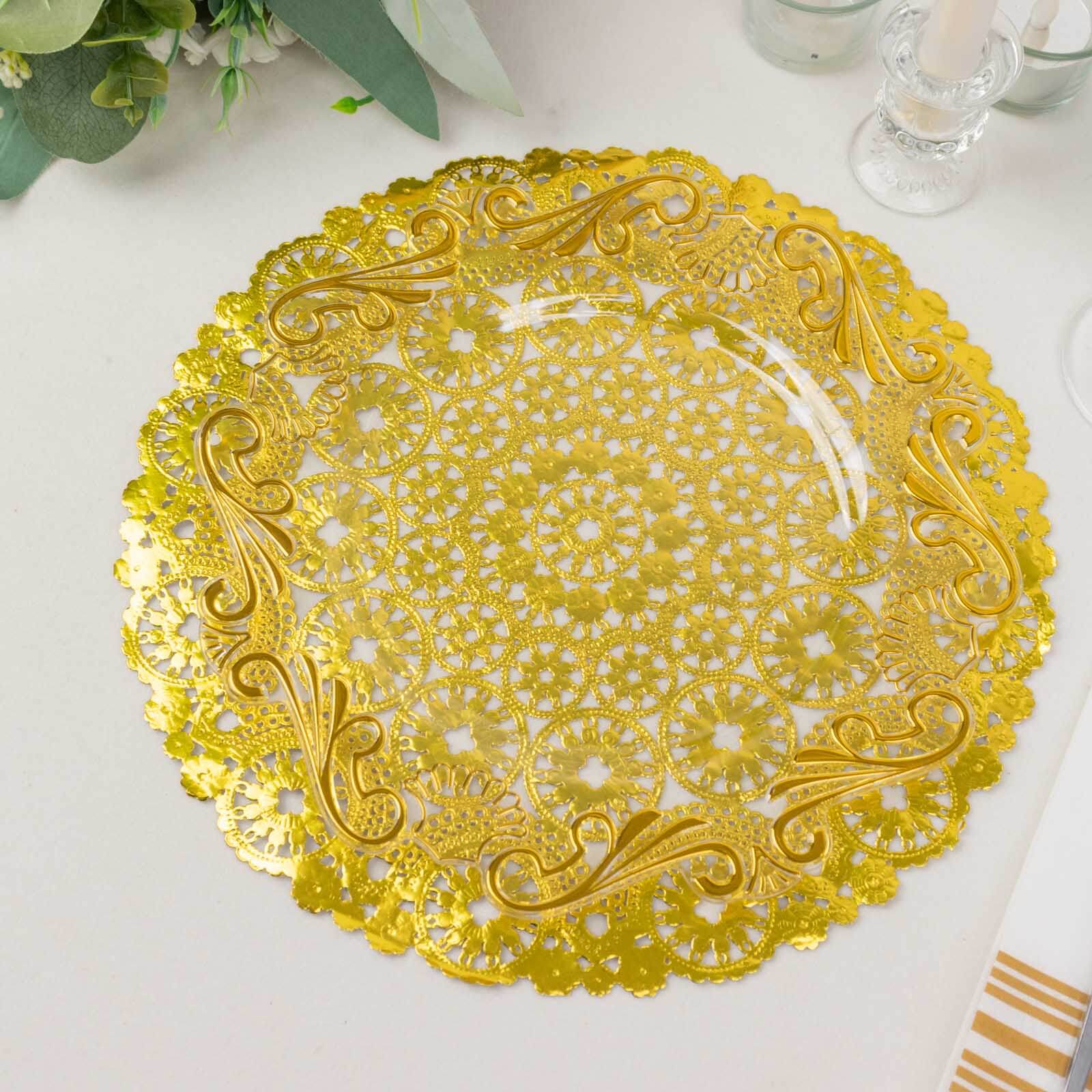 Hot Sale! 50-Pack Disposable 12-Inch Metallic Gold Paper Round Placemats for Dessert Display & Table Decor