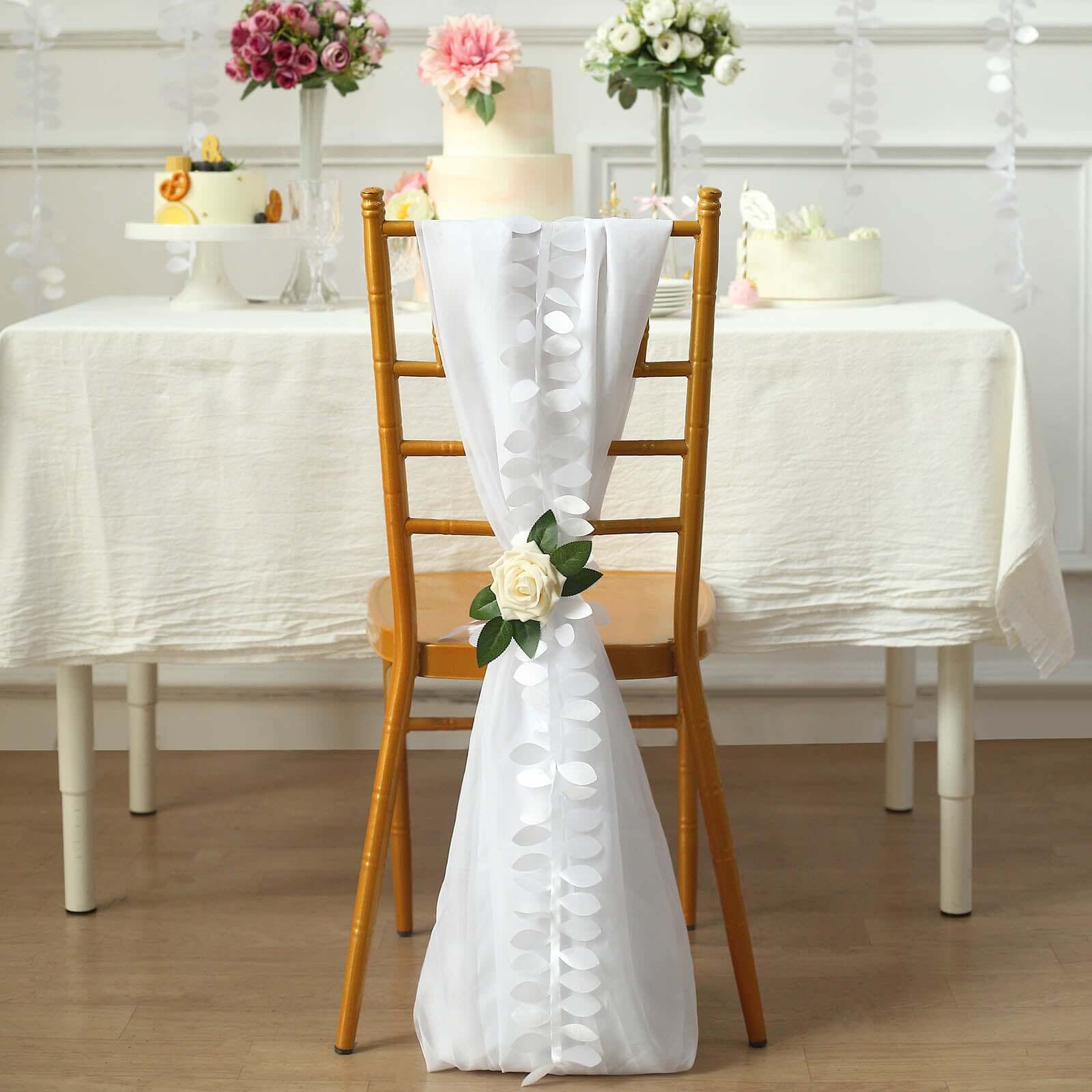 50ft White Taffeta Ribbon Sash with 4 - Leaf Petal Design, Elegant Garland for Events
