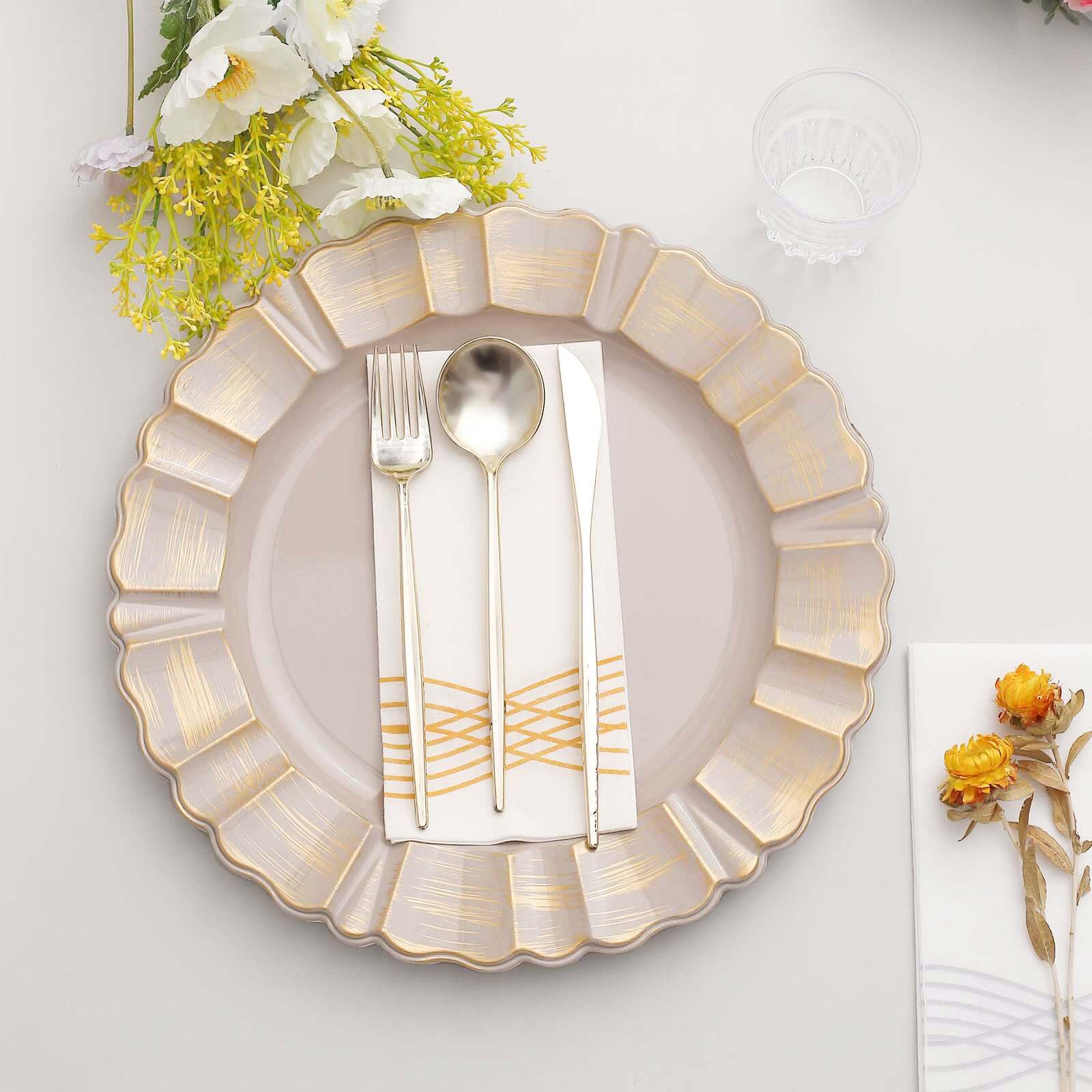 Hot Deal! 6-Pack 13-Inch Nude Taupe Acrylic Round Charger Plates with Gold Brushed Wavy Scalloped Rim for Dinner Parties