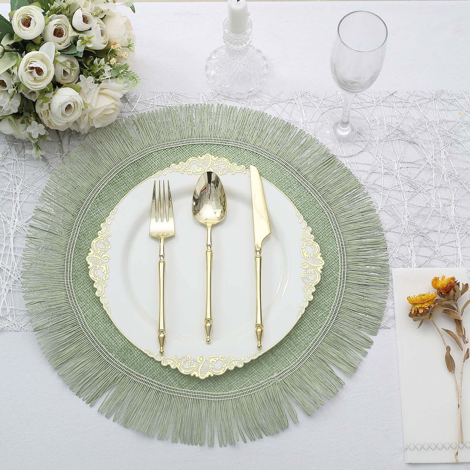 4-Piece Sage Green Jute Round Placemats with Fringe Edge - Rustic Boho Table Decor