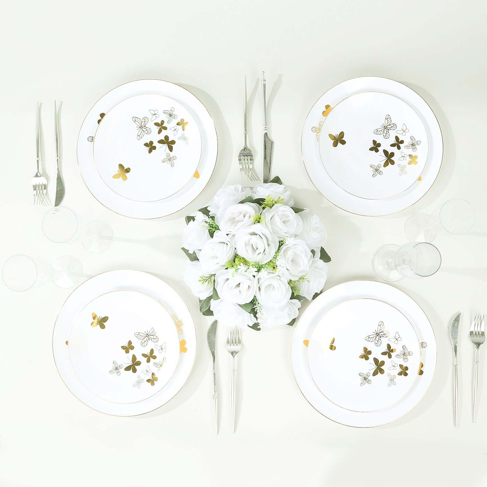 Get 20-Piece White Plastic Dinner & Salad Plates with Gold Butterfly Design & Rim - Ideal for Buffets & Events