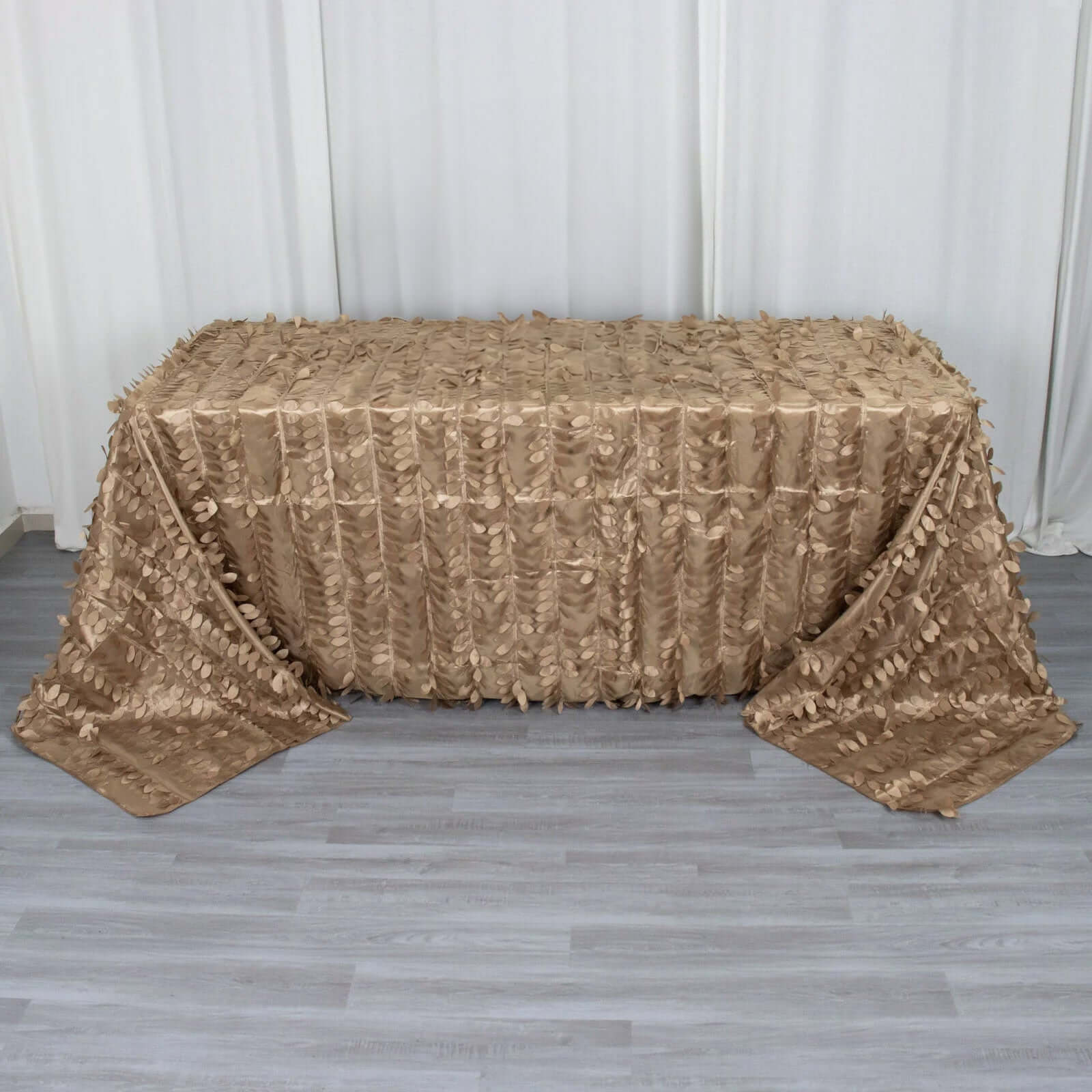 Taupe Taffeta 90x132 Rectangle Tablecloth with 3D Seamless Leaf Petal Design