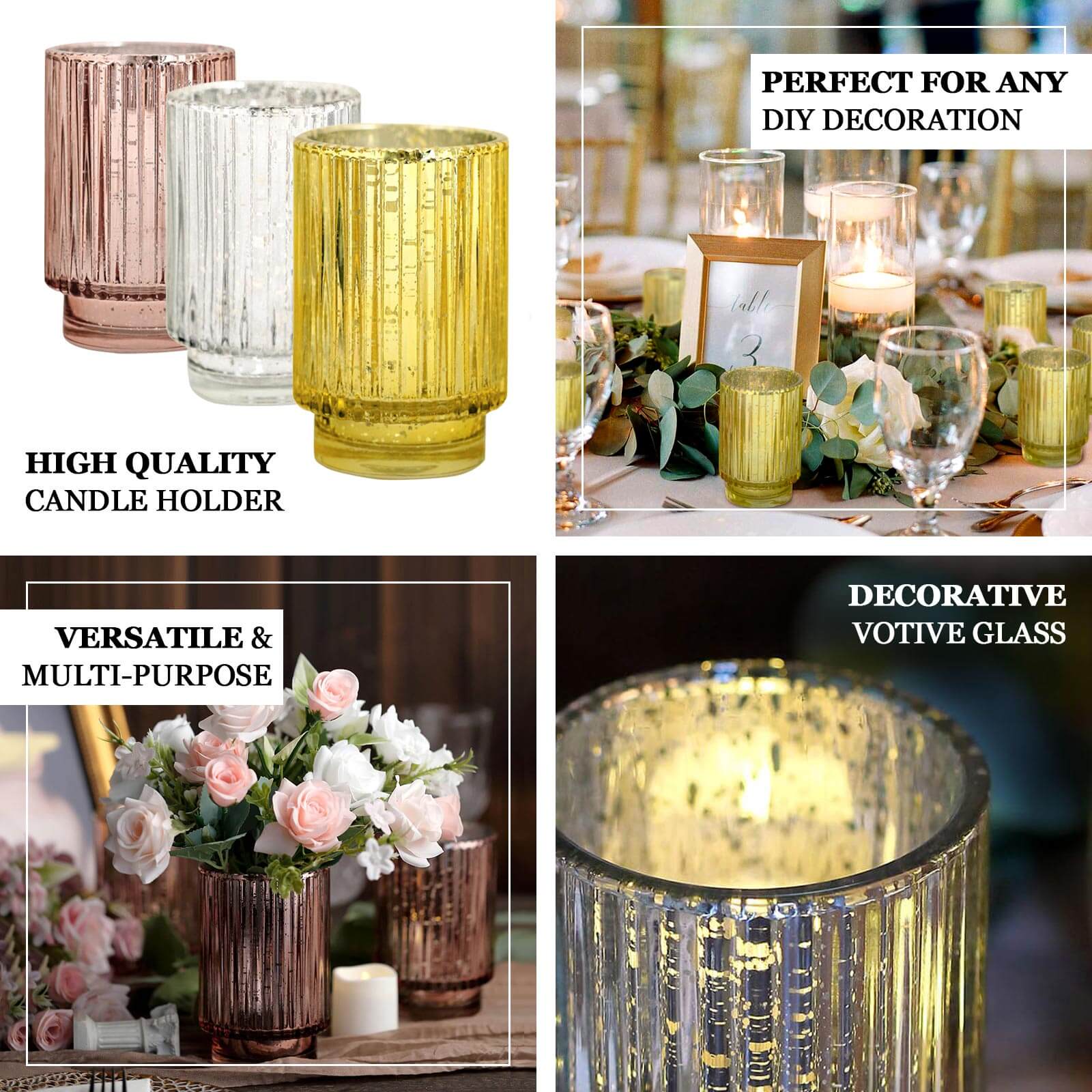 Hot Deal! 3-Pack Rose Gold Wavy Mercury Glass Hurricane Candle Holders