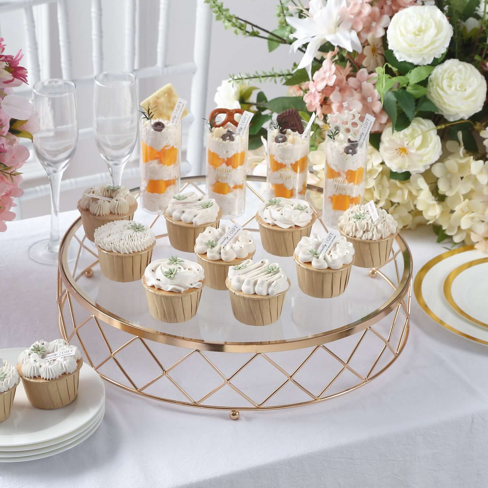 14-Inch Gold Metal Cake Stand with Geometric Diamond Cut Design and Glass Top for Dessert Display