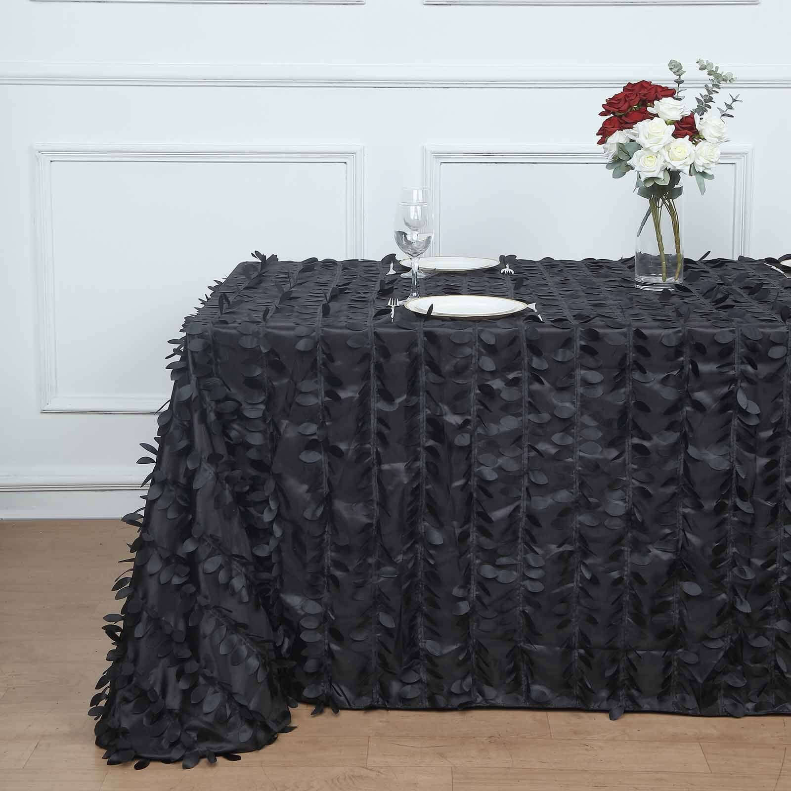 Black Taffeta Rectangle Tablecloth with 3D Leaf Petal Design | Great for Events