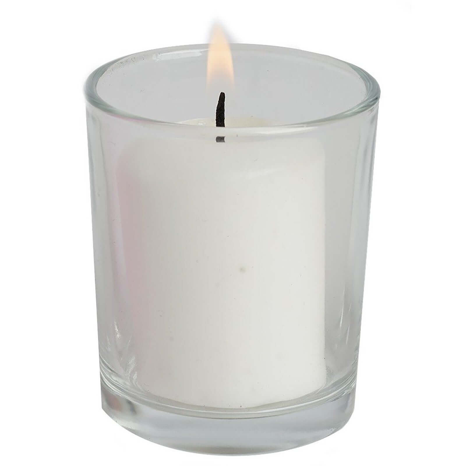 12-Piece Set of White Votive Tealight Candles with Clear Glass Holders for Decor