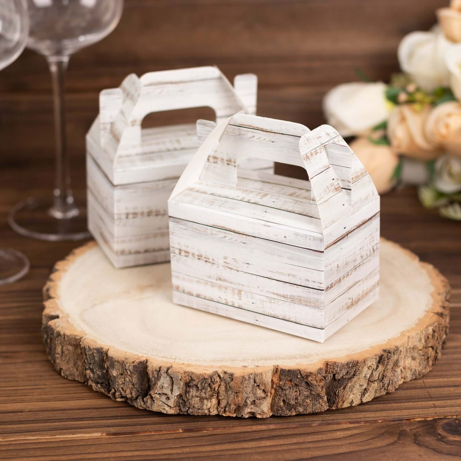 Get 25-Pack Rustic White Candy Gift Tote Gable Boxes with Wood Pattern