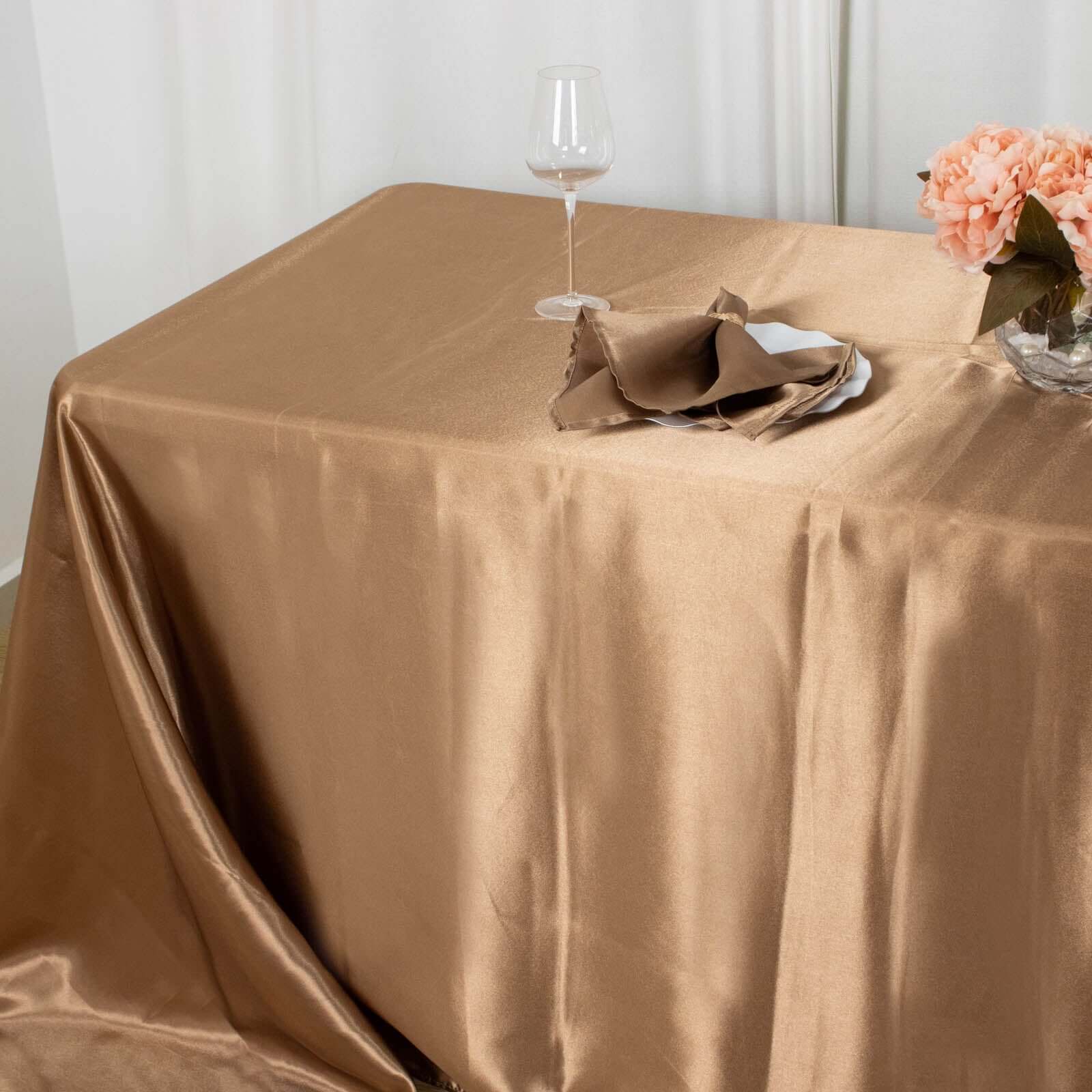 Premium Seamless Satin Taupe Tablecloth 90x132 for Weddings and Events