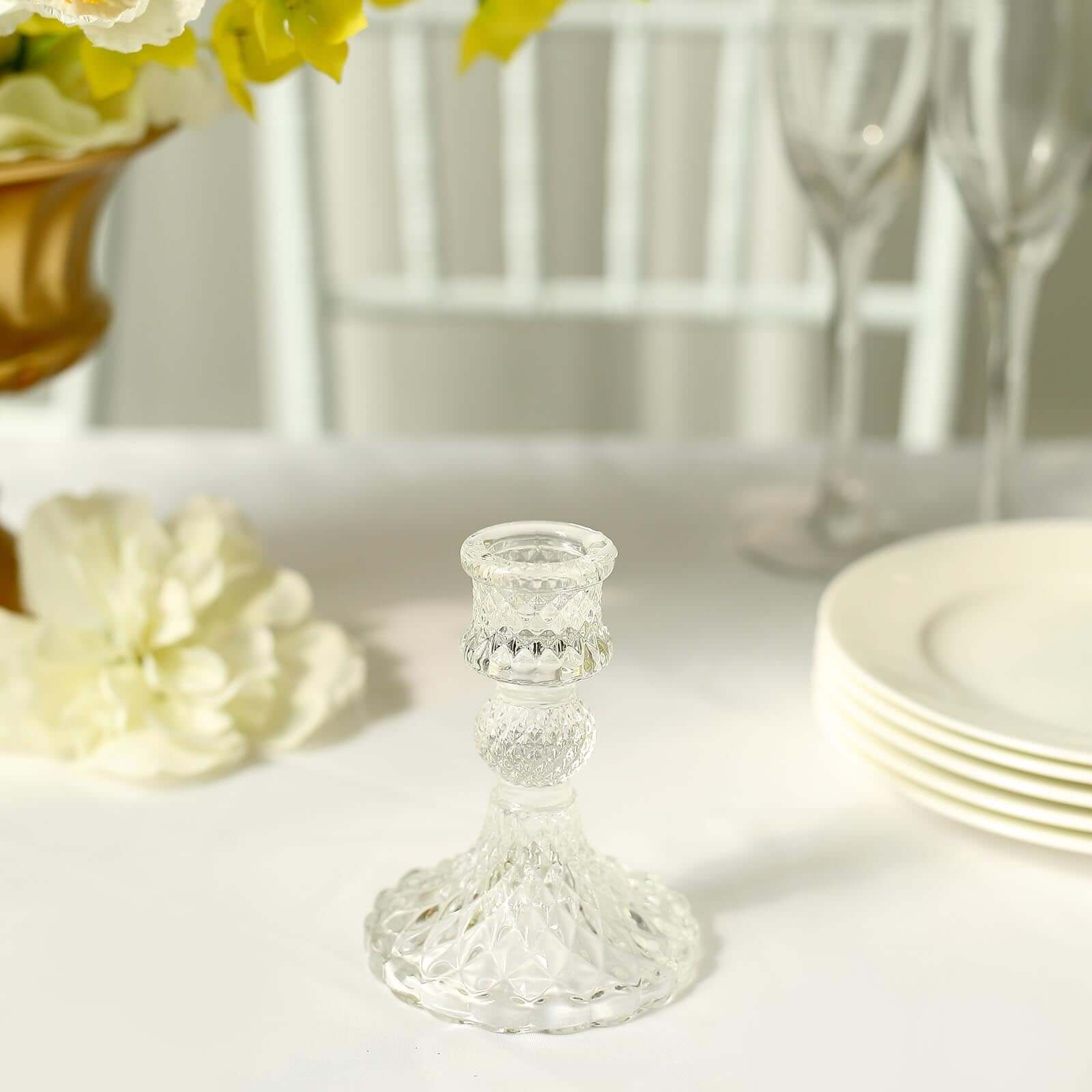 6-Piece Clear Glass Taper & Pillar Candle Holders with Diamond Pattern