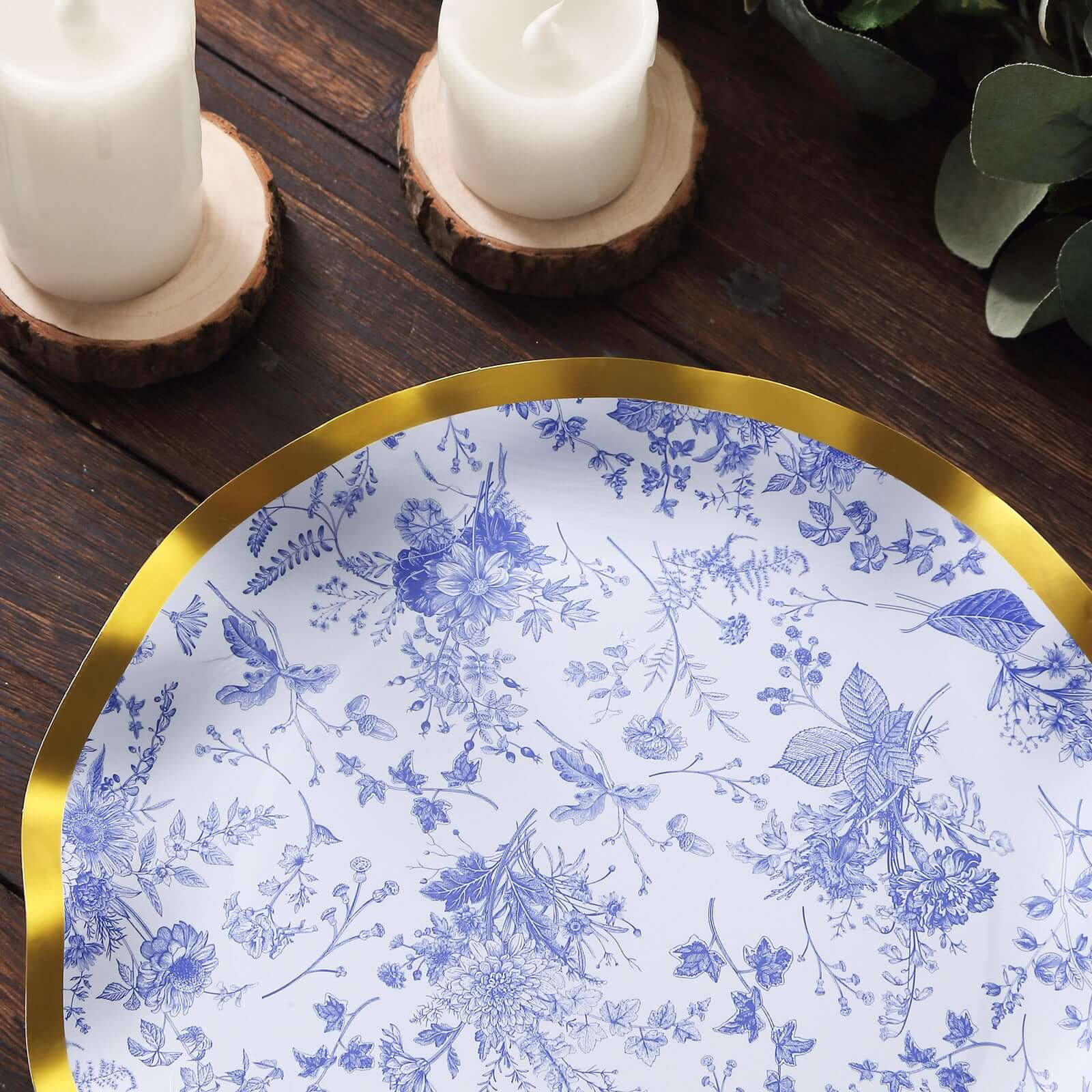 Get 25-Piece Set of Disposable 10-Inch White Paper Dinner Plates with Blue French Toile & Gold Wavy Rim