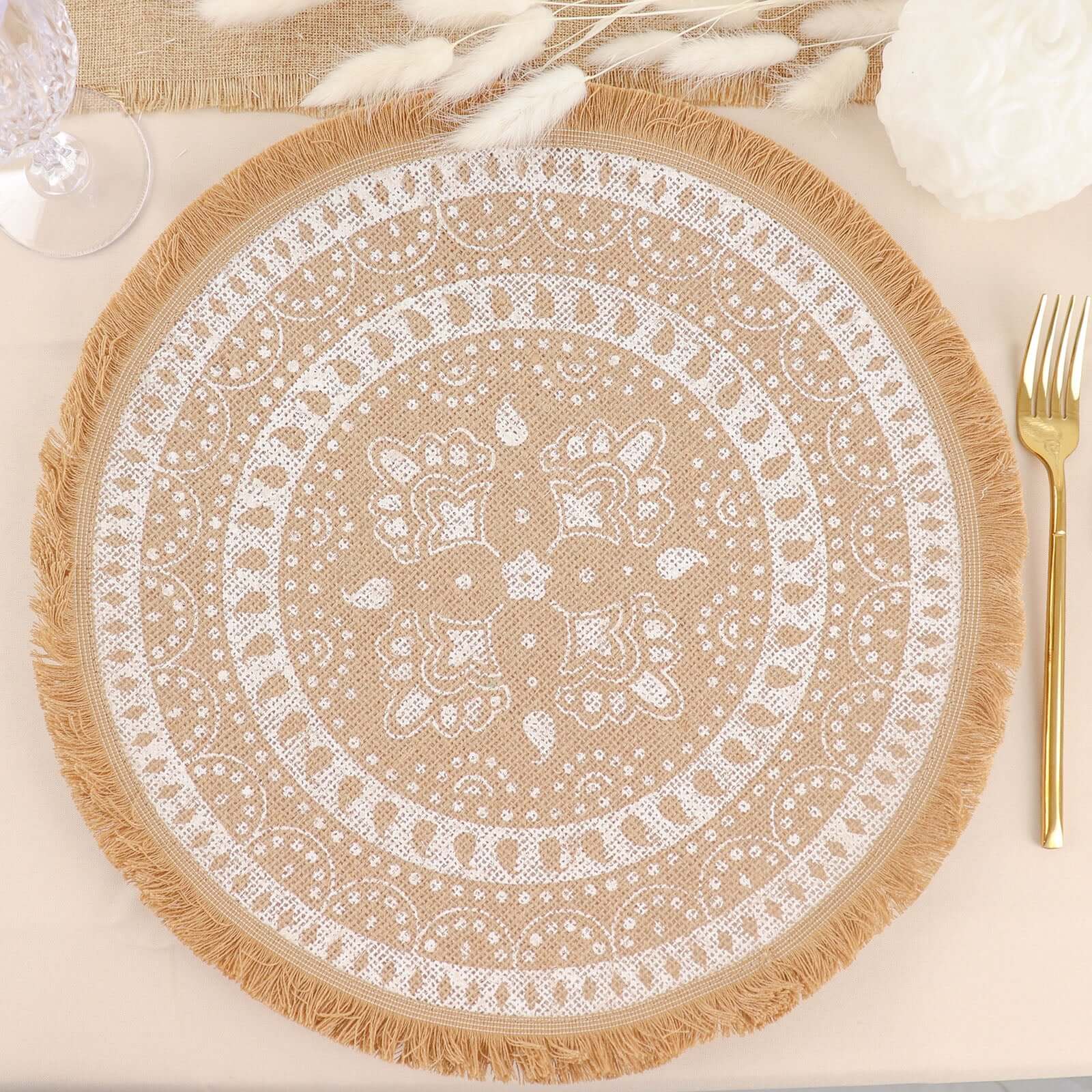 4-Pack Natural Jute and White Round Placemats with Fringe Print - Rustic Style, 15"