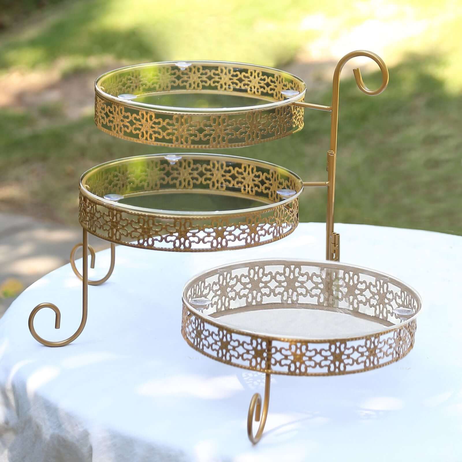 3-Tier Gold Metal Rotating Cupcake Stand with Clear Acrylic Plates - Hollow Lace Design