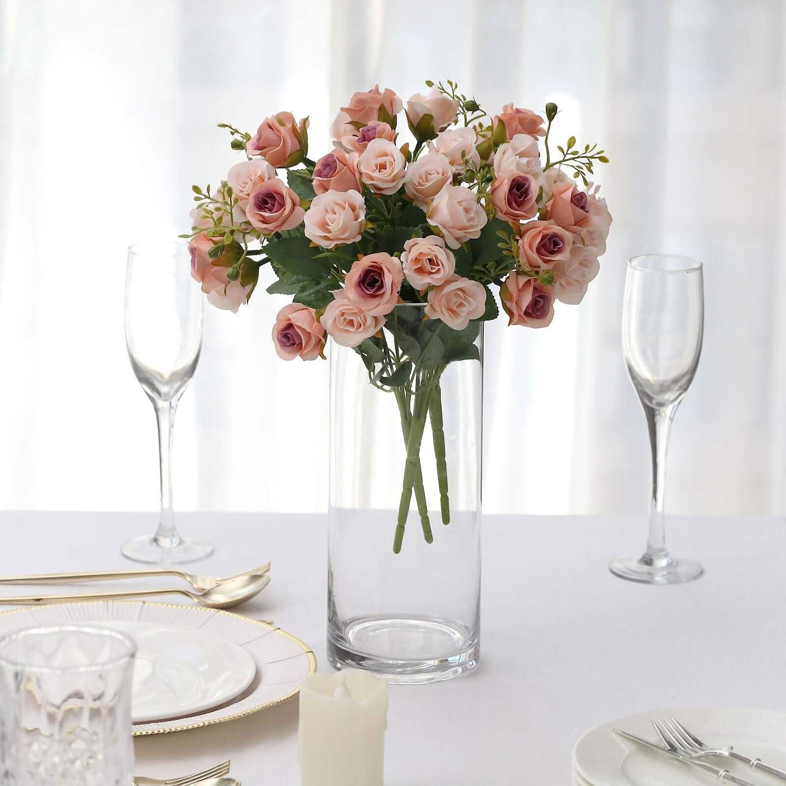 2-Pack Blush Artificial Open Rose Flower Arrangements, 12-Inch Small Faux Floral Bouquets