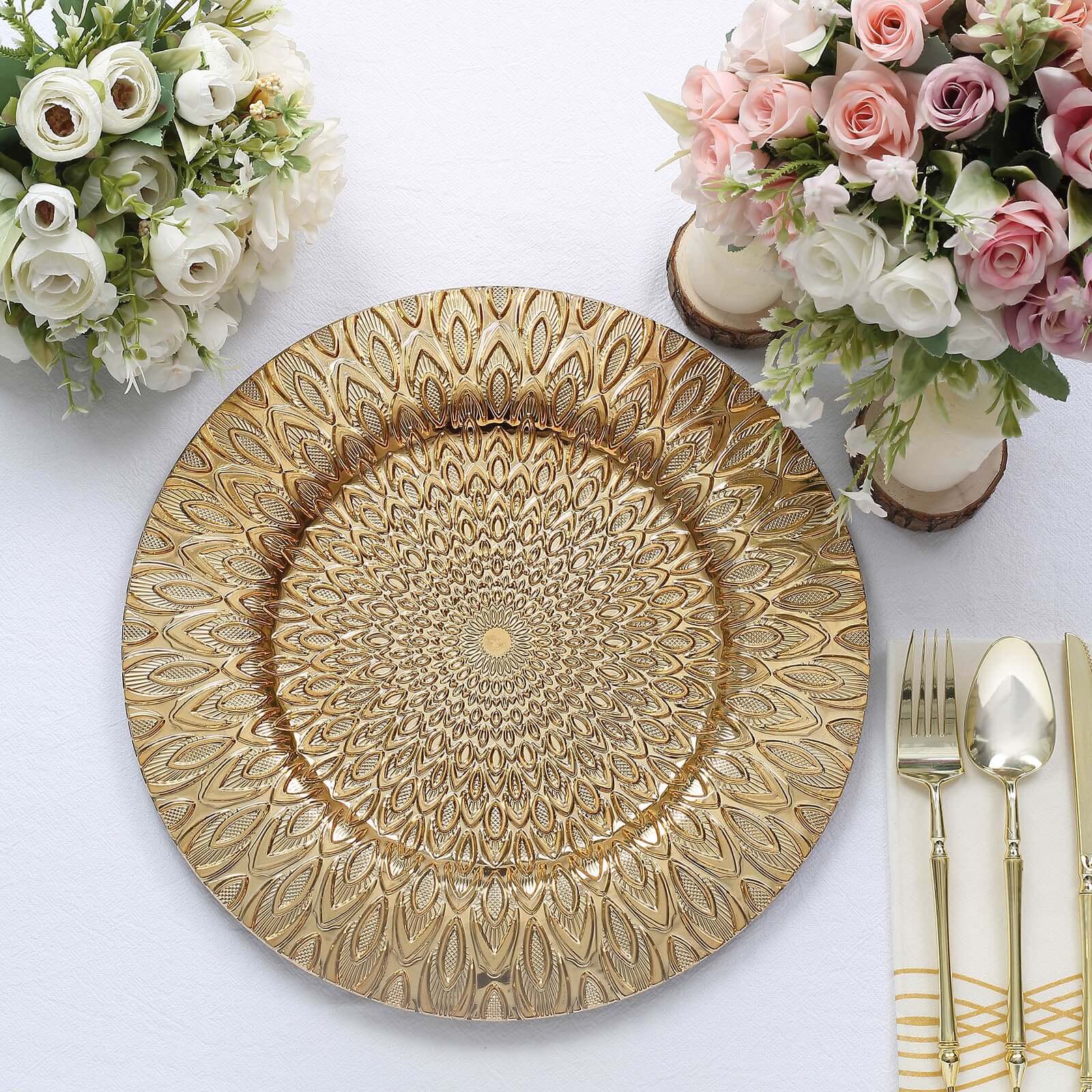 Hot Sale! 6-Piece Set of 13-Inch Gold Plastic Charger Plates with Embossed Peacock Design