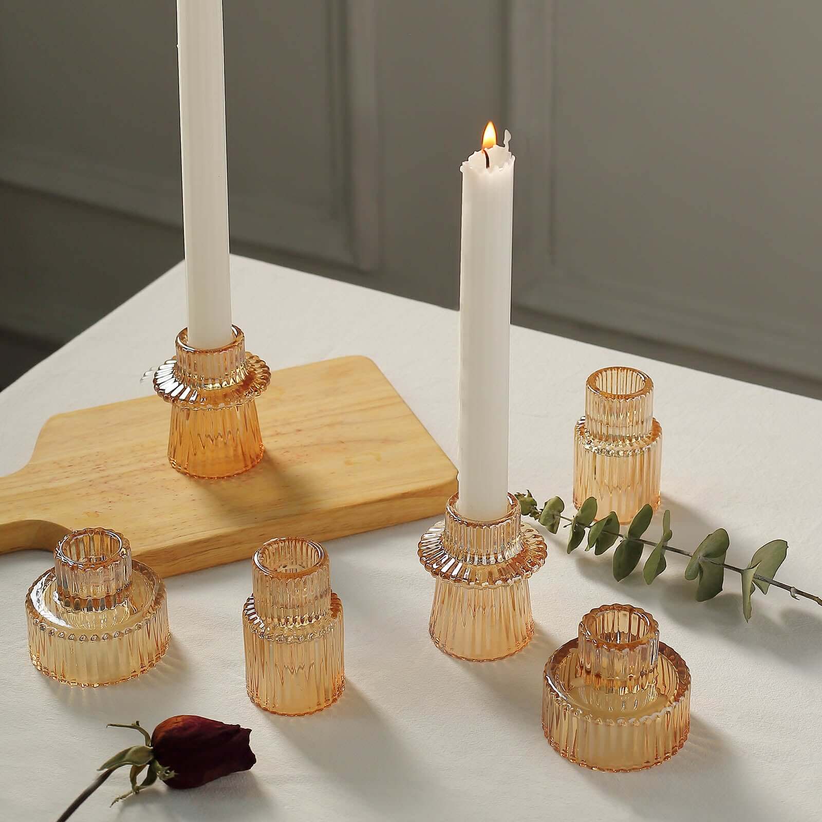 Hot Sale! Set of 6 Amber Gold Glass Taper Candle Holders with Ribbed Crystal Design