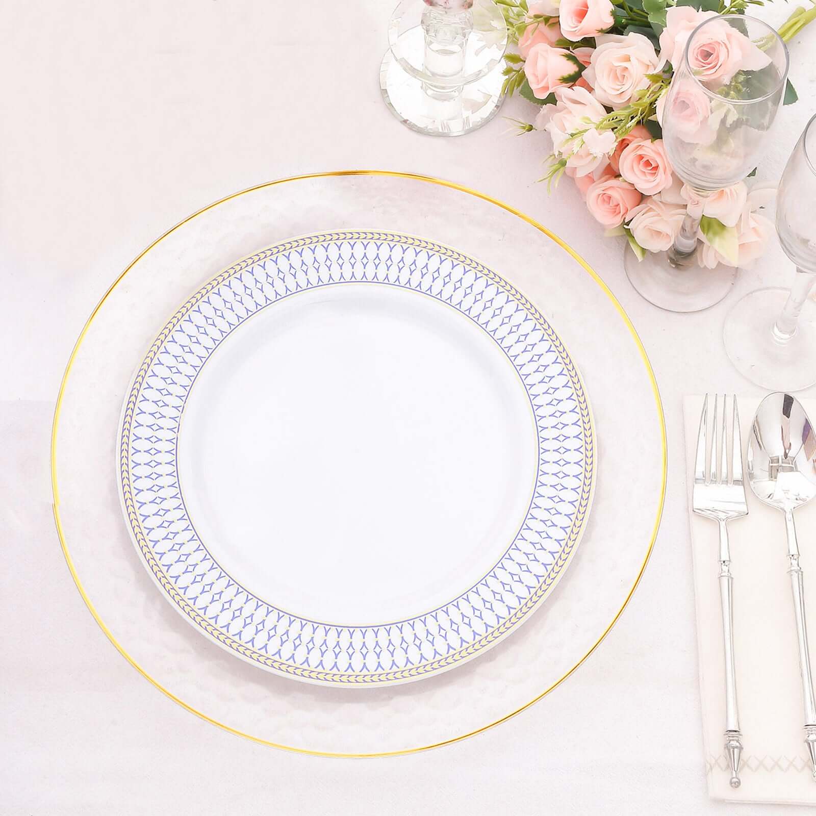 10-Pack White Disposable Dinner Plates with Gold and Navy Blue Chord Rim - Renaissance Style for Events