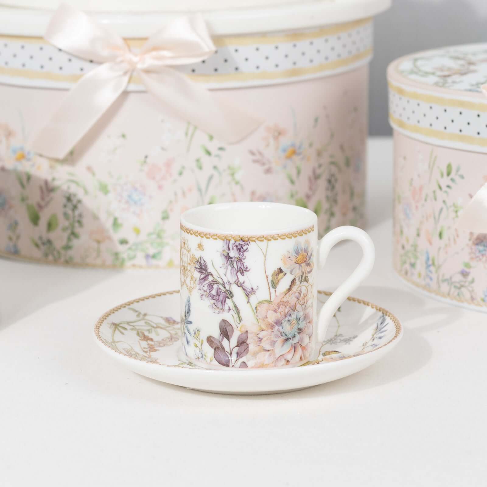 Blush Floral-Printed Porcelain Espresso Cups and Saucers Set of 2 with Gift Box