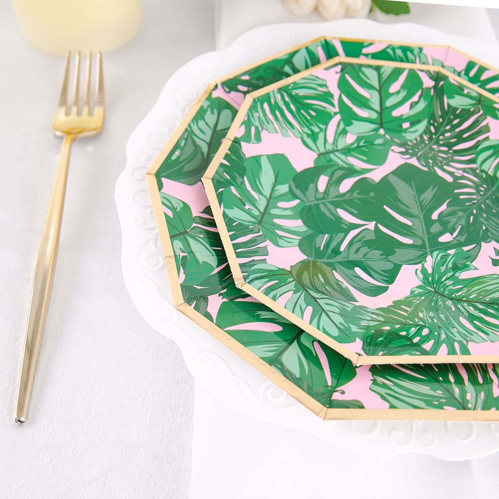 Hot Deal! 25-Pack Disposable 7-Inch Pink Paper Decagon Dessert Plates with Green Tropical Palm Leaves & Gold Rim for Boho & Jungle Events