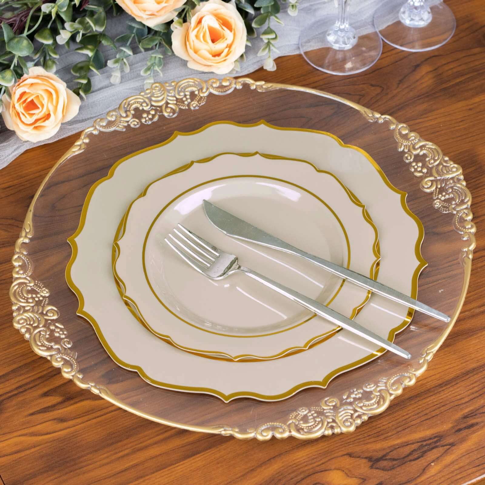 Hot Sale! 10-Piece Disposable Plastic Round Dinner Plates in Taupe with Gold Scalloped Rims
