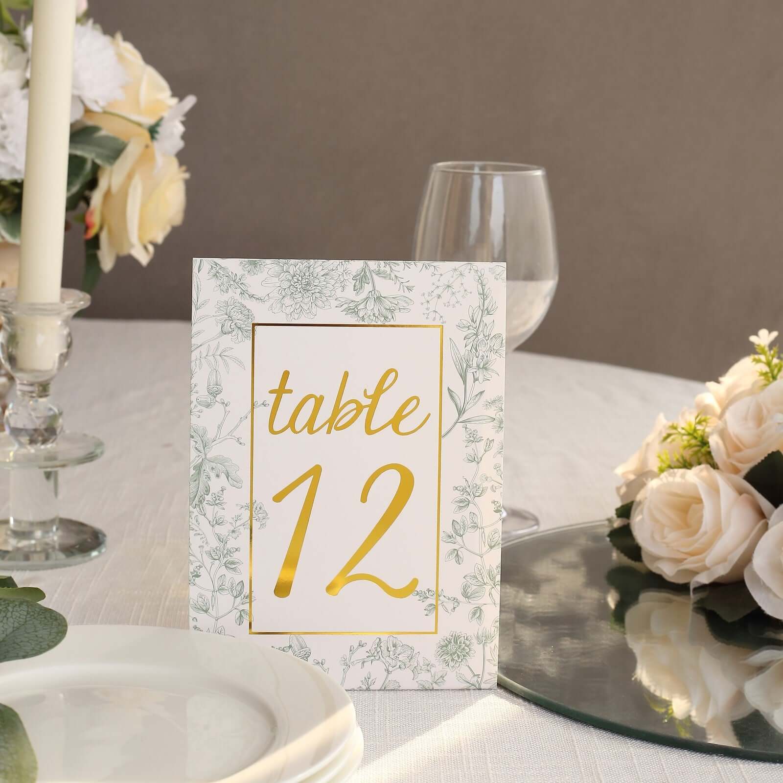 25-Pack Wedding Table Numbers 1 - 25: White/Sage Green French Toile Design with Gold Foil, Free Standing Double Sided Signs