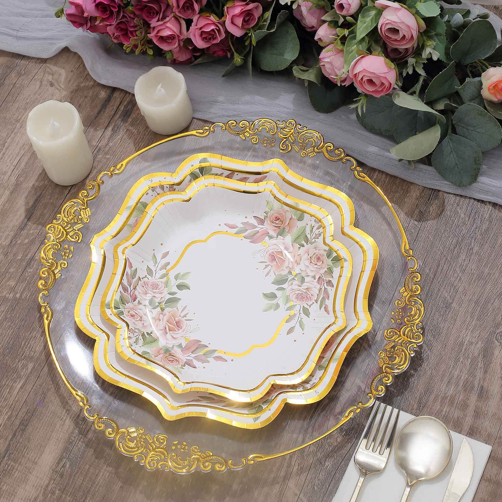 25-Pack Disposable 8-Inch White Floral Gold-Scalloped Dessert Plates for Events