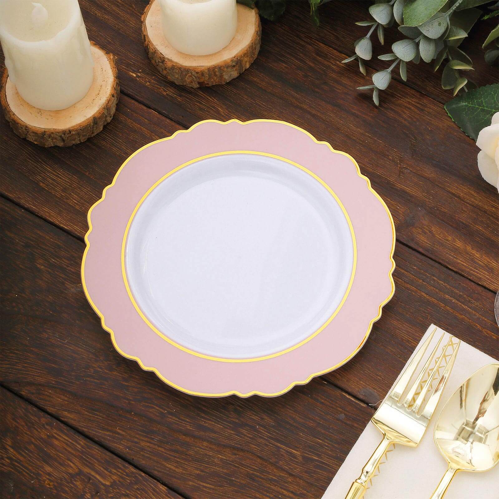 10-Pack Disposable White Plastic Dessert Plates with Blush Blossom & Gold Edging
