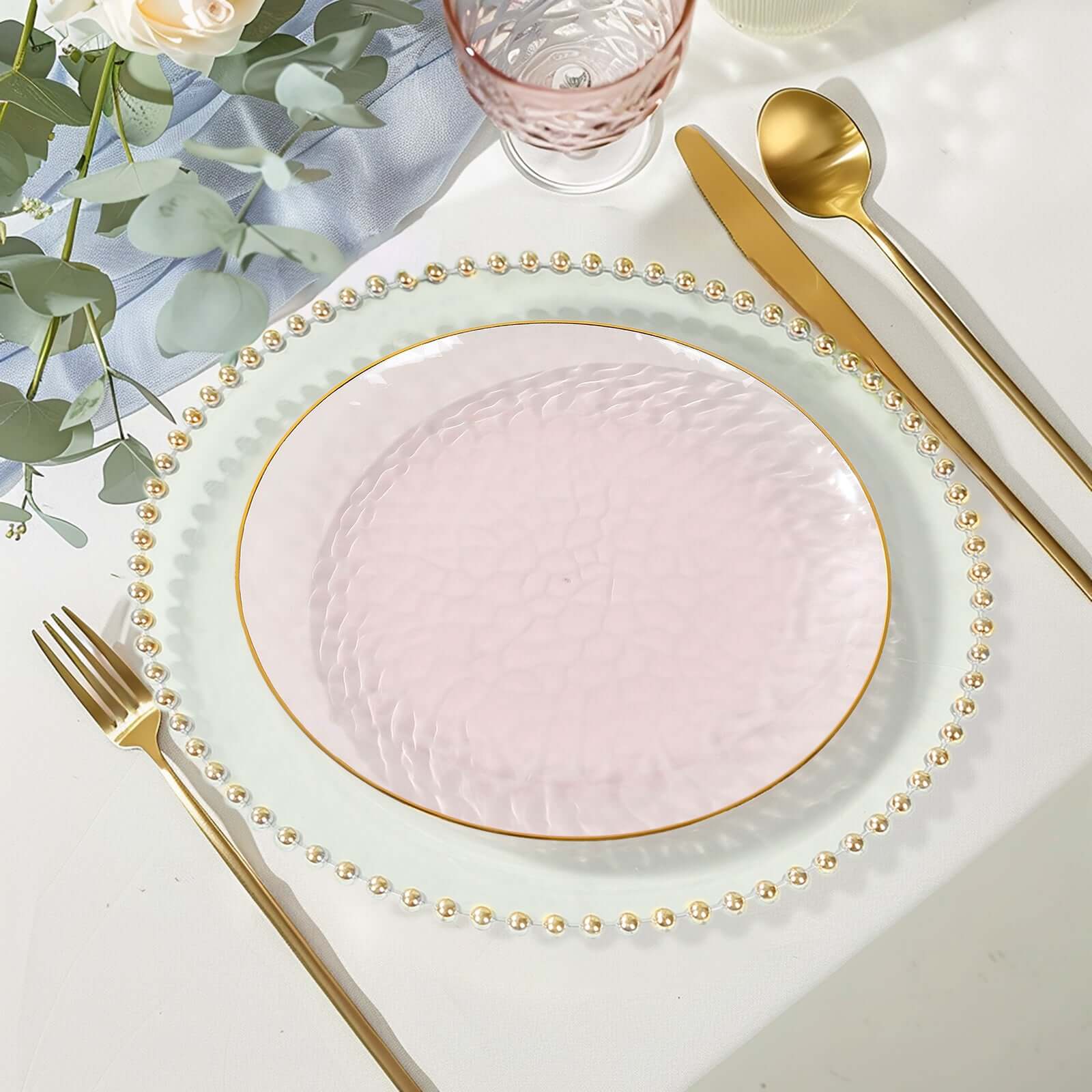 10-Piece Set of 9-Inch Transparent Blush Plastic Dinner Plates with Hammered Gold Rim - Disposable for Parties