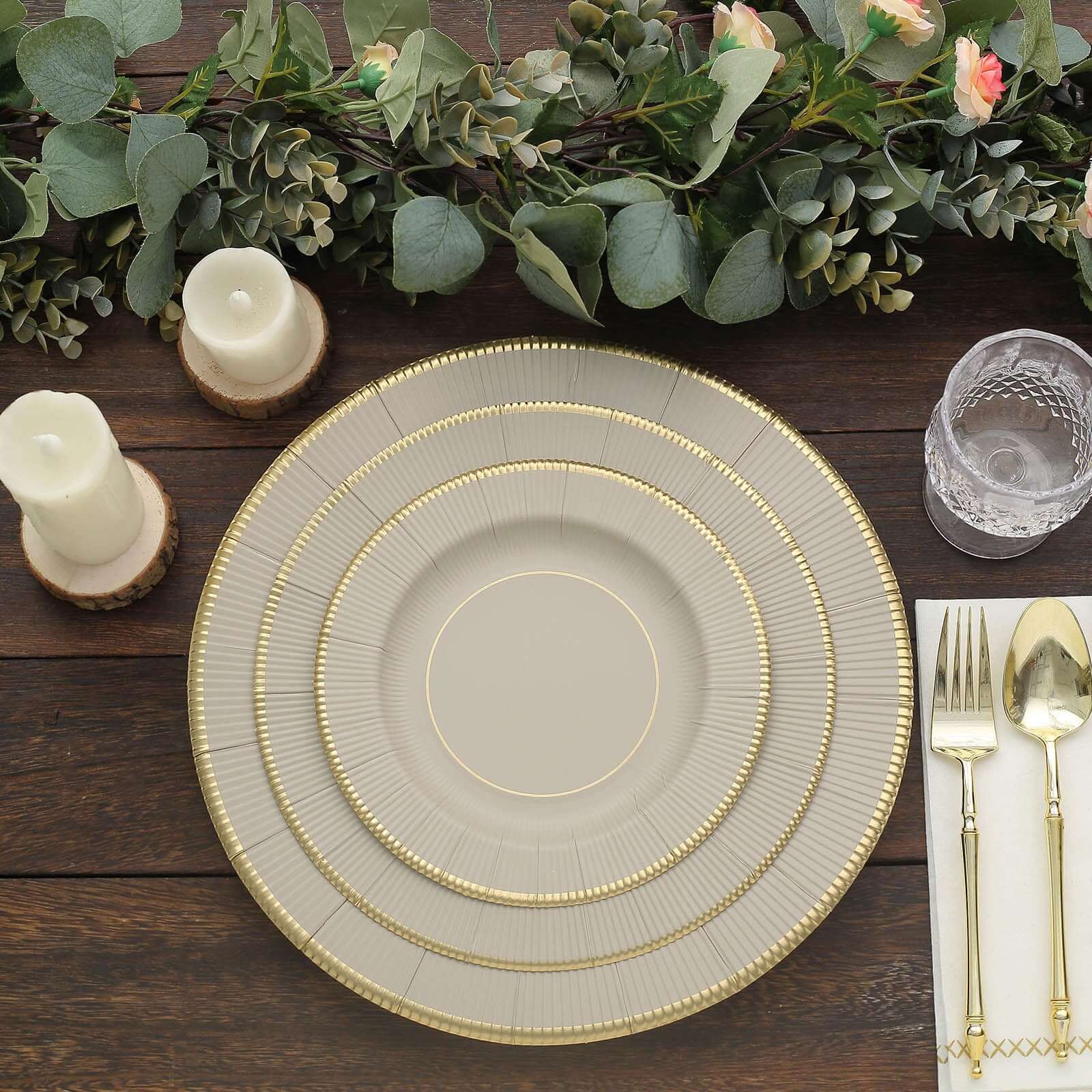 25-Piece Set of Disposable Heavy Duty 350GSM Paper Charger Plates in Taupe Sunray Design with Gold Rim, 13 Inches